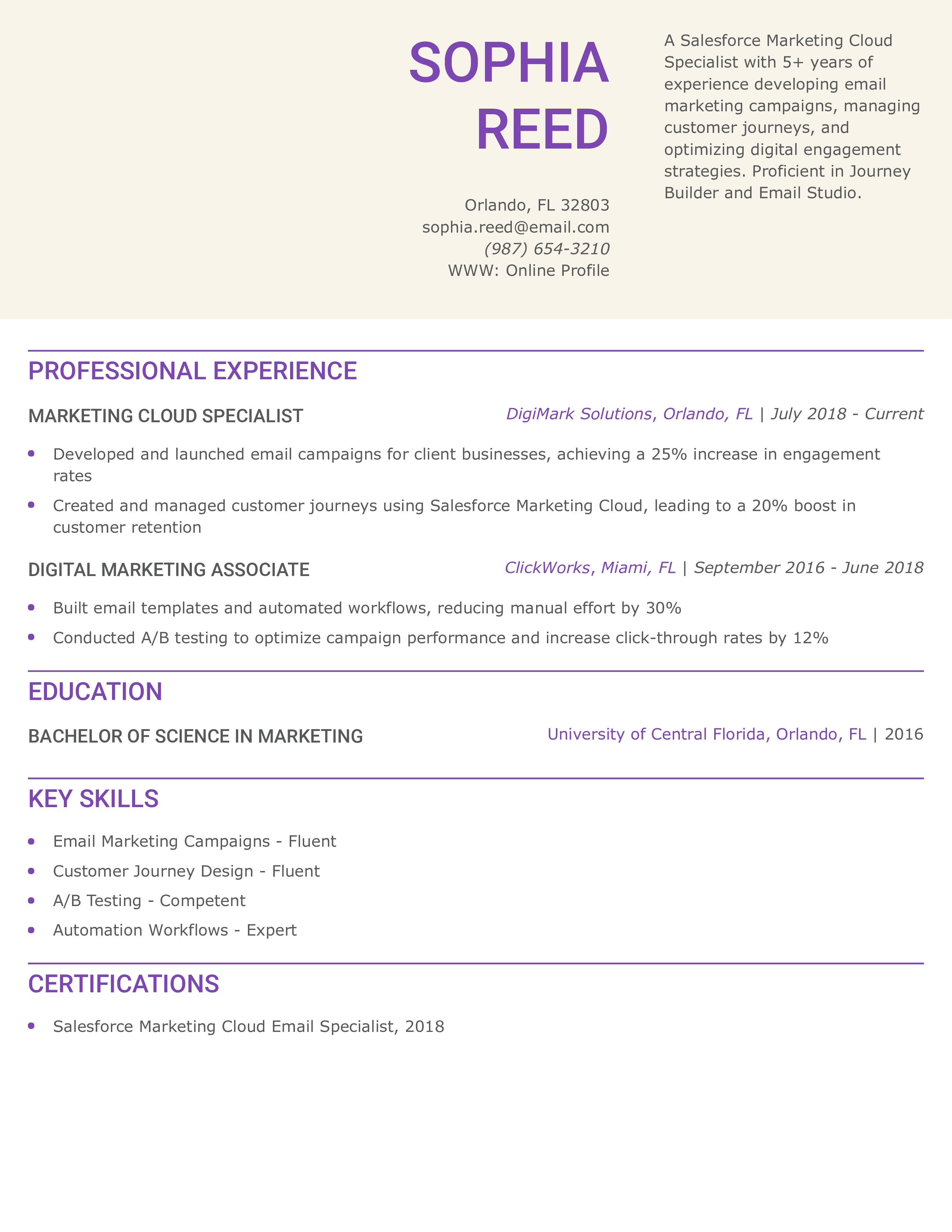 Salesforce Marketing Cloud Specialist Resume