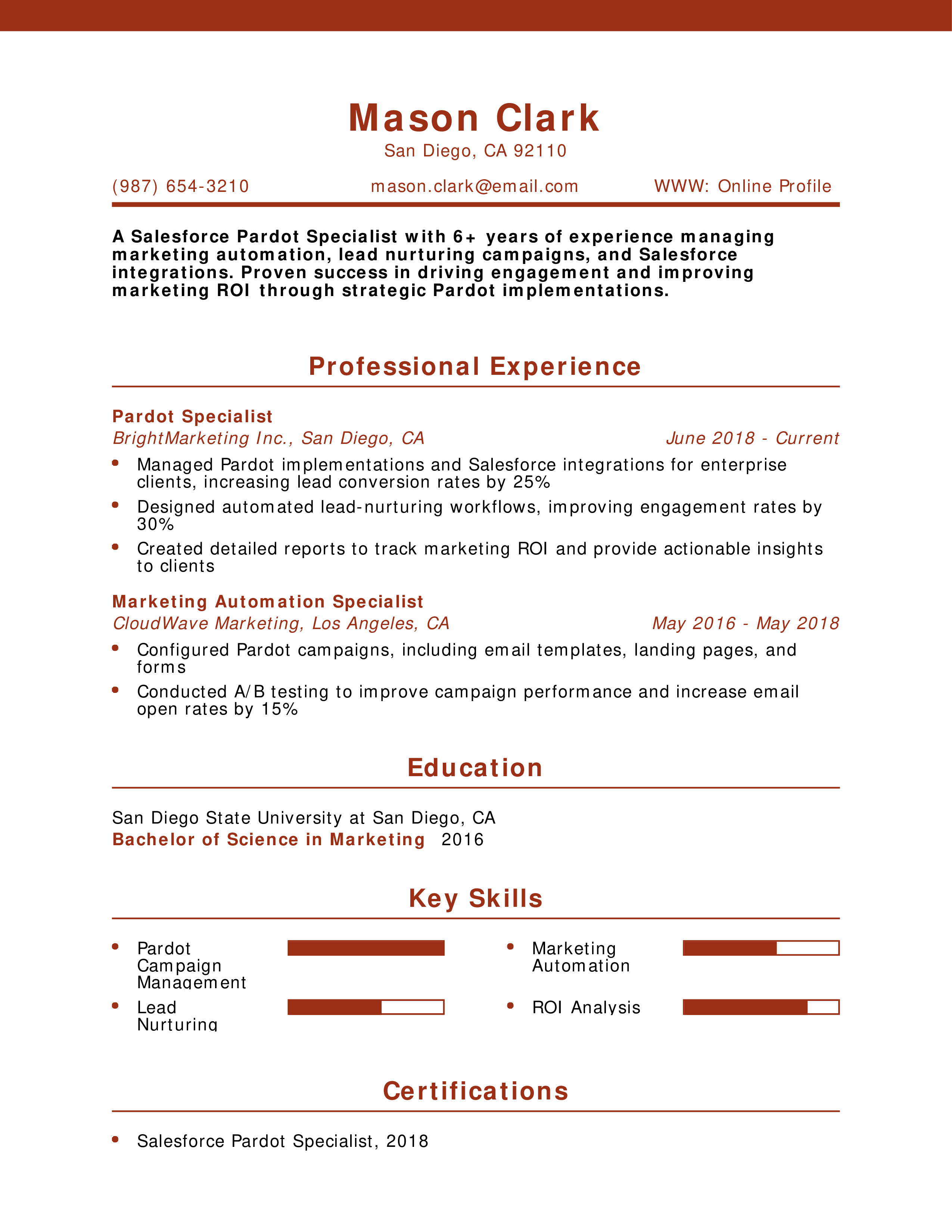 Salesforce Pardot Specialist Resume