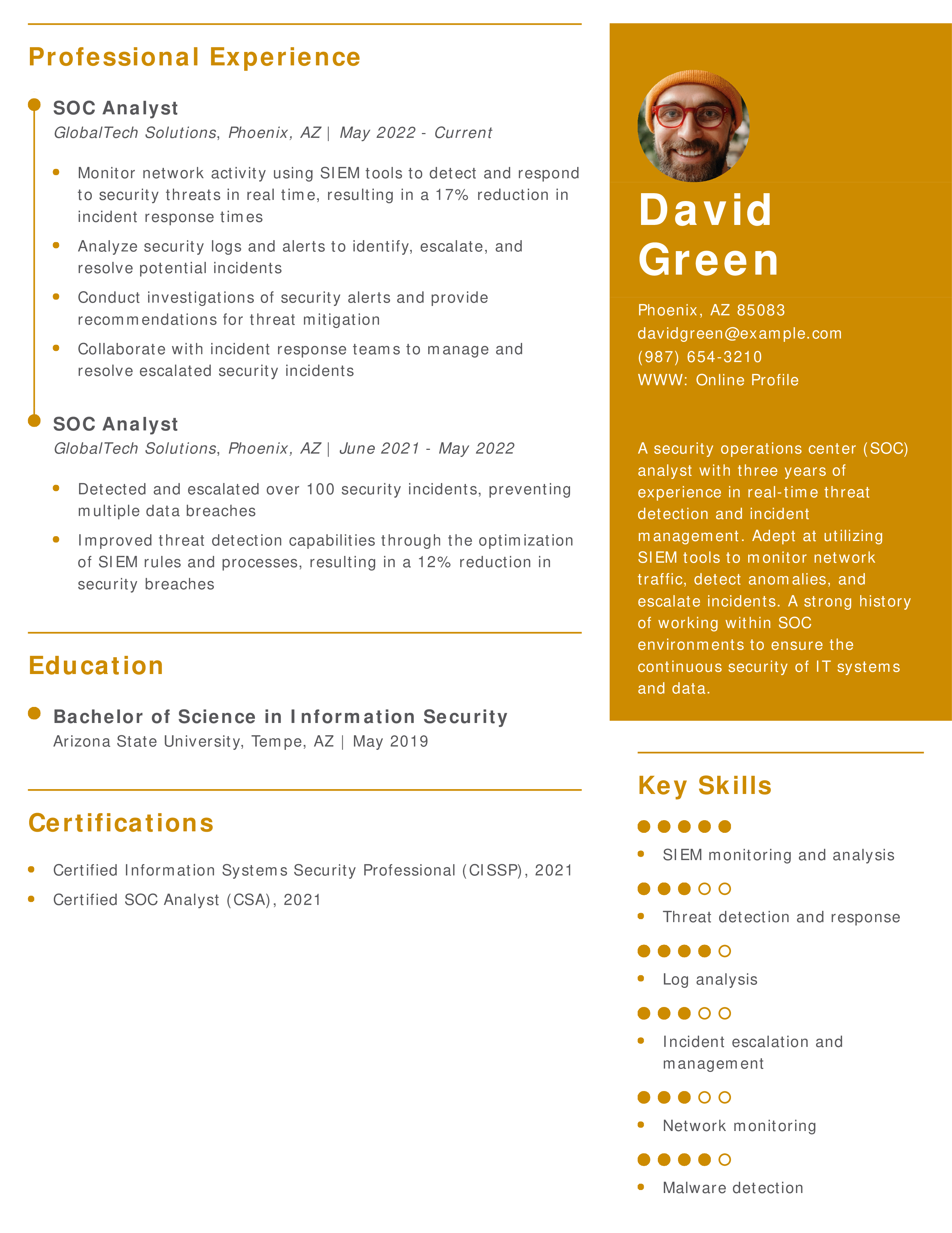 Security Operations Center Analyst Resume