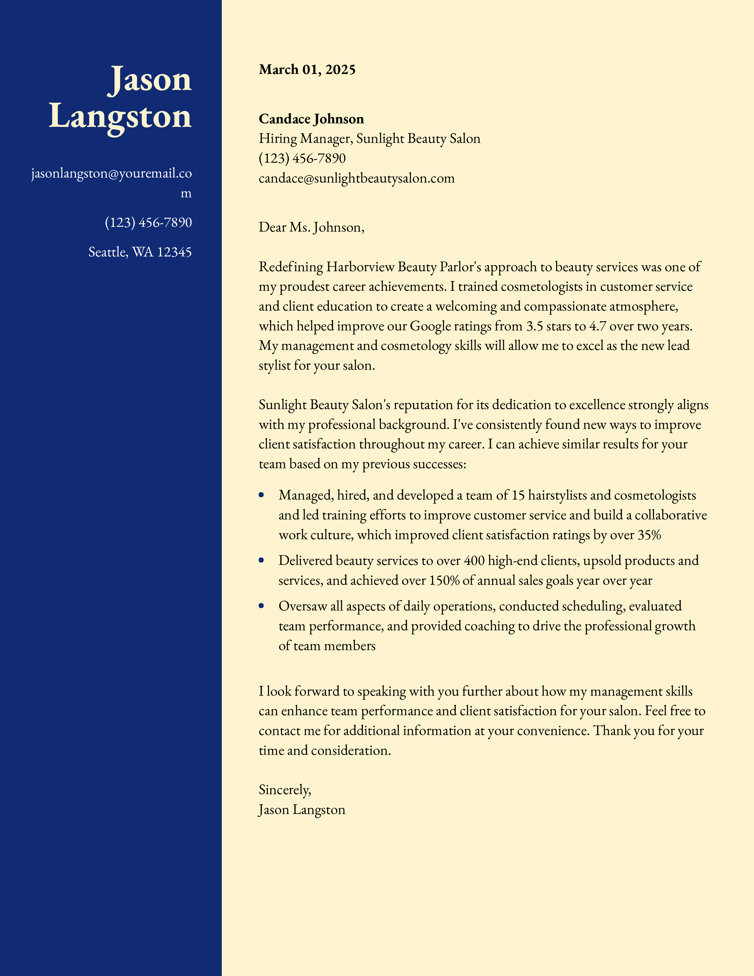 Senior Cosmetology Cover Letter