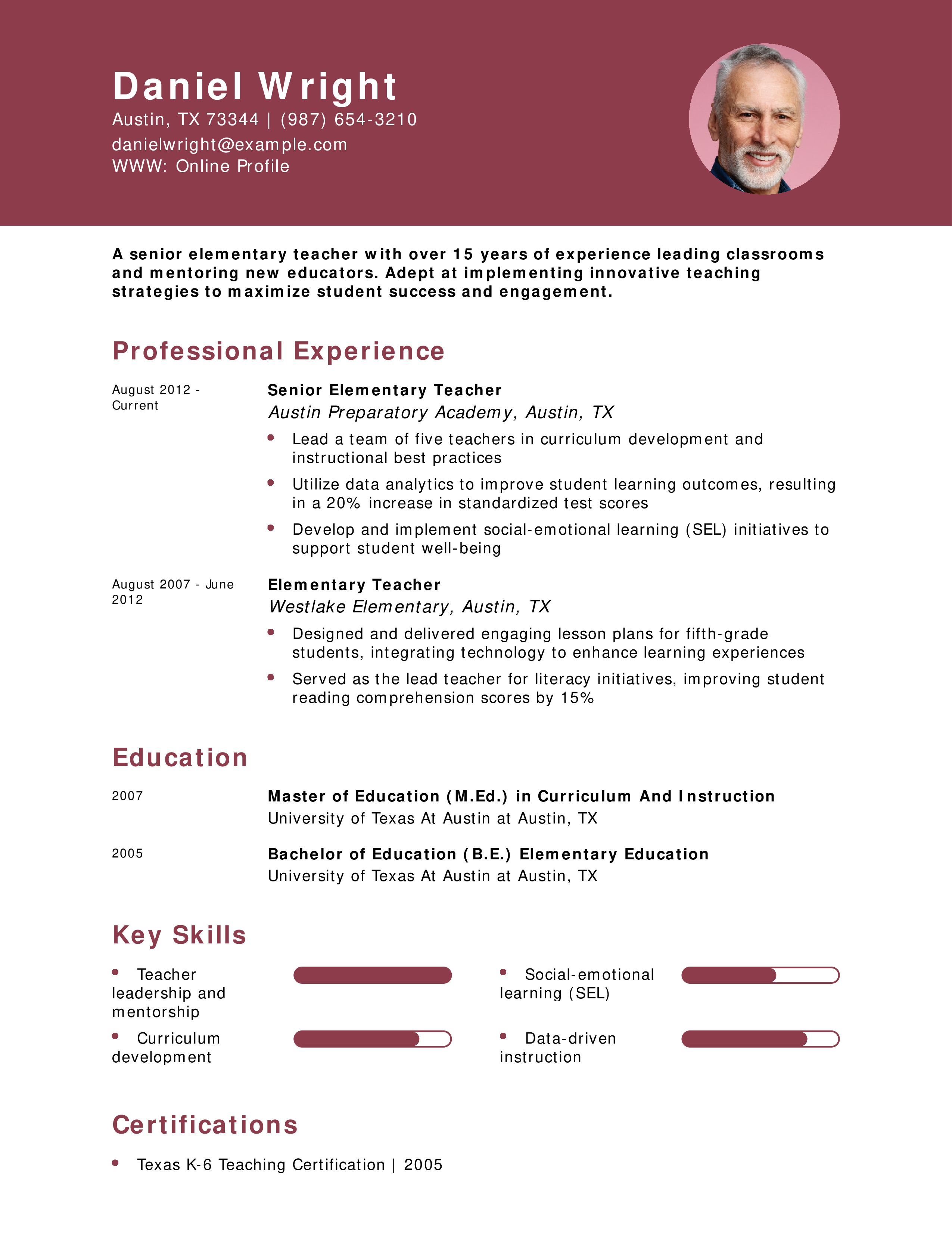 Senior Elementary Teacher Resume