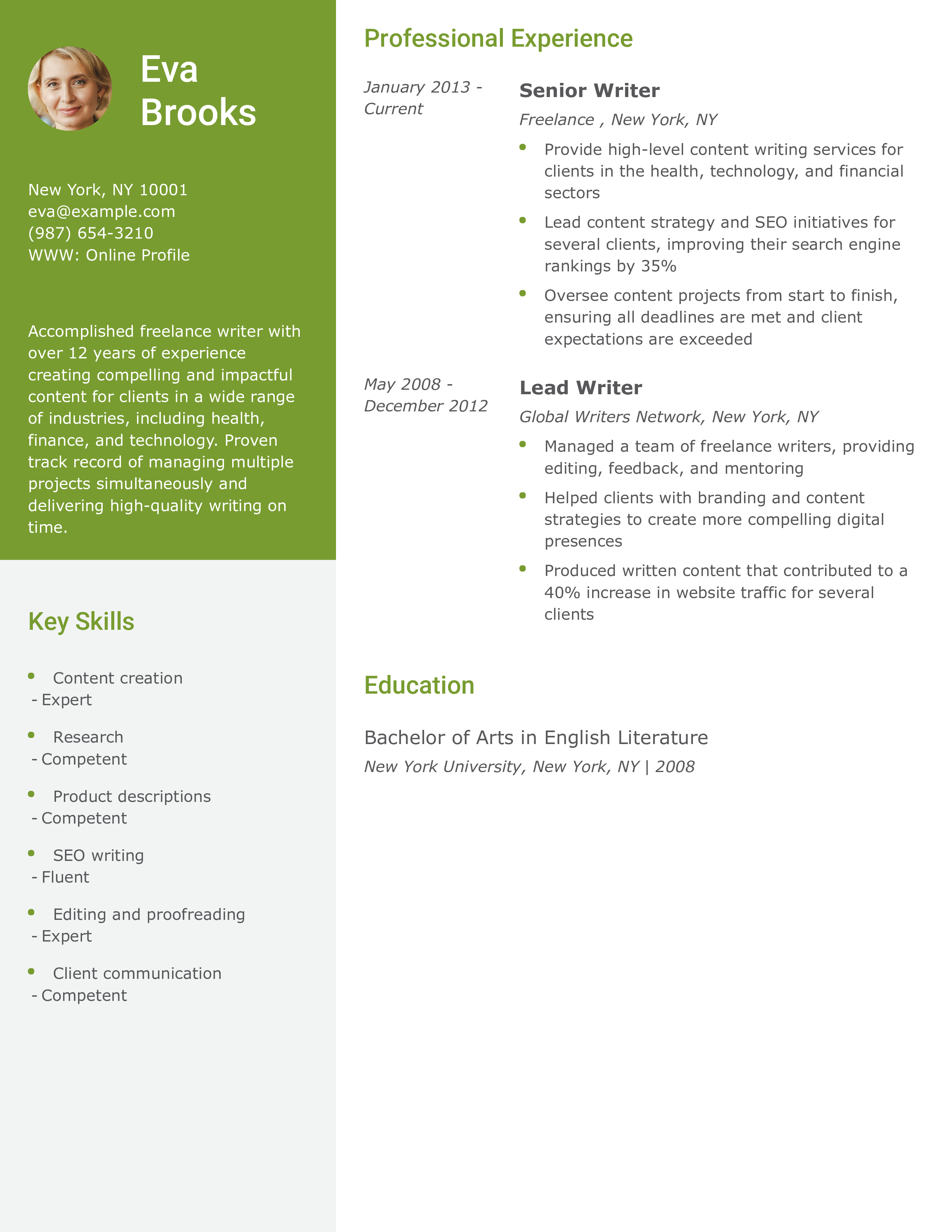 Senior-Level Freelance Writer Resume