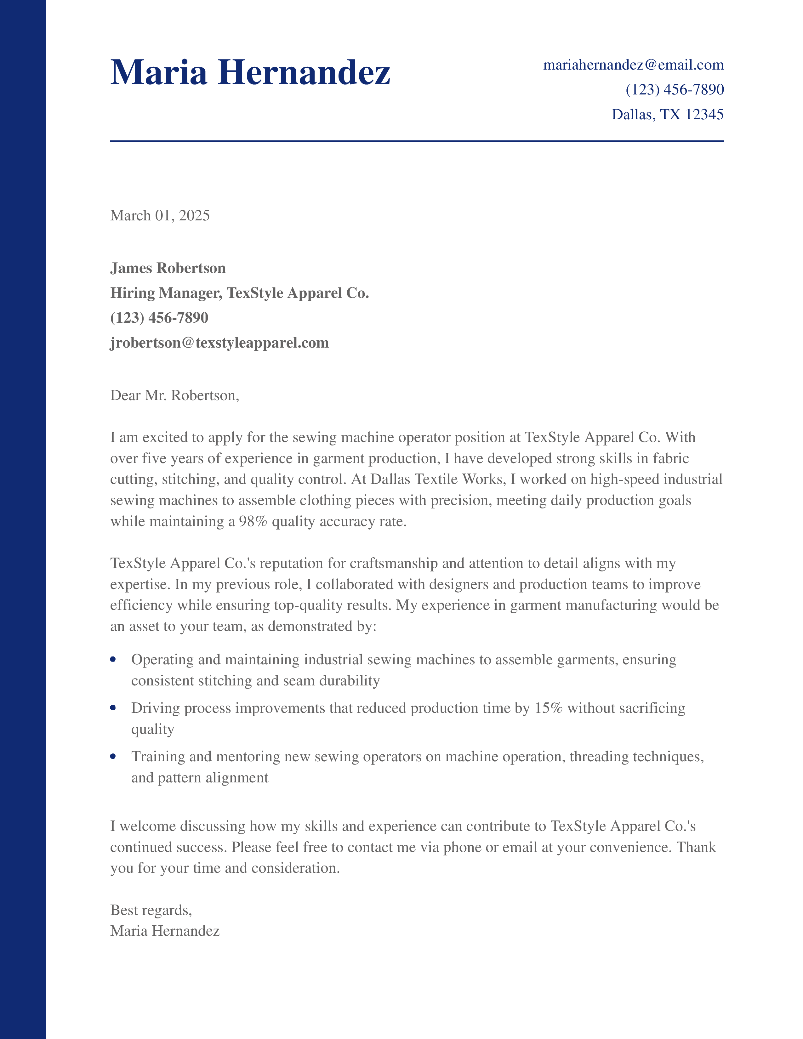 Sewing Machine Operator Cover Letter