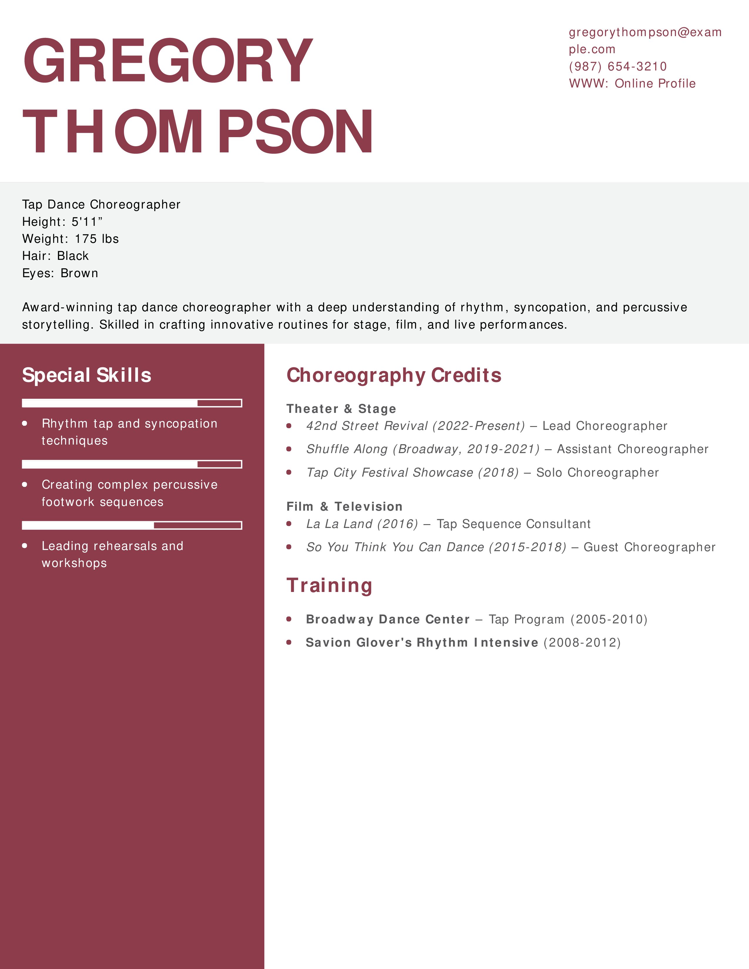 Tap Dance Choreographer Resume