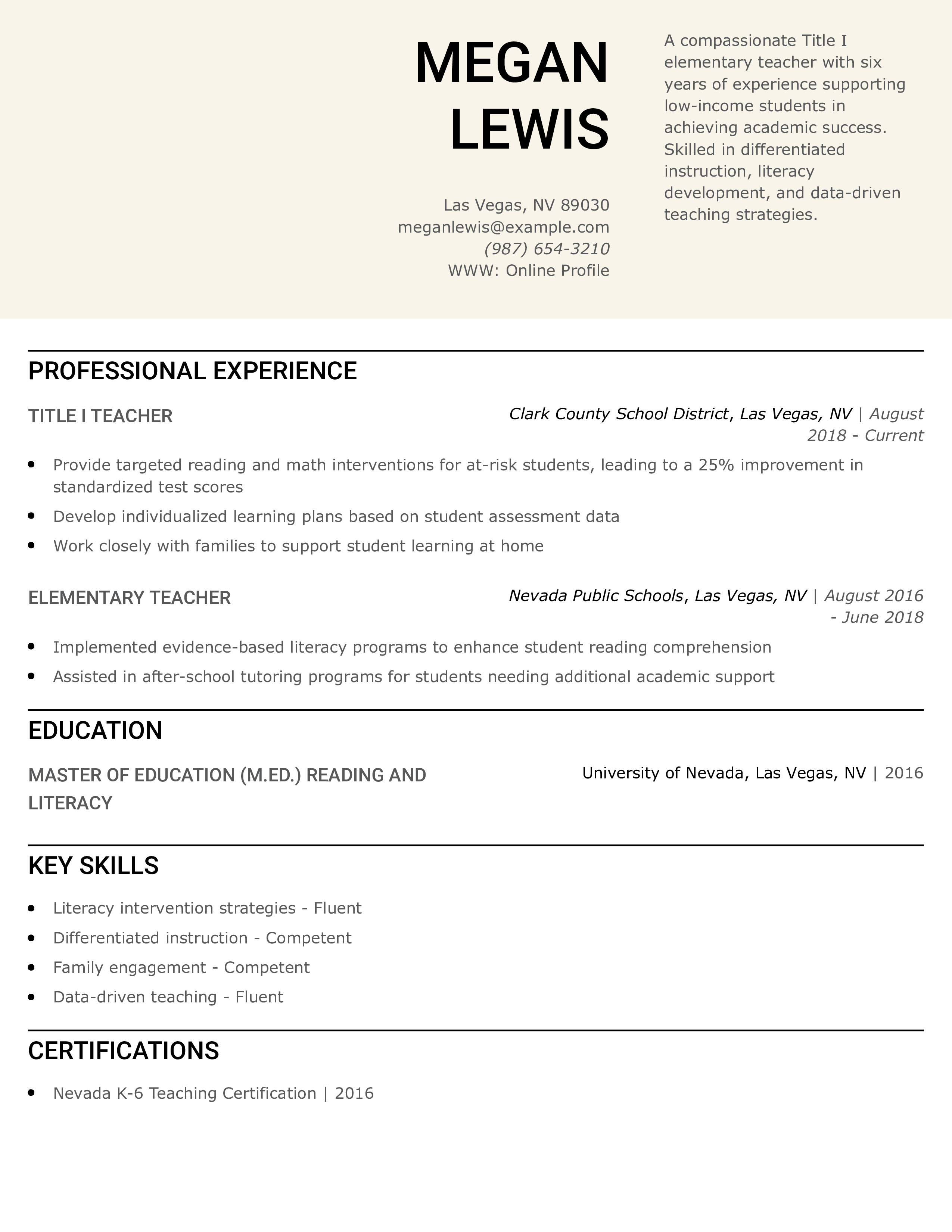 Title I Elementary Teacher Resume