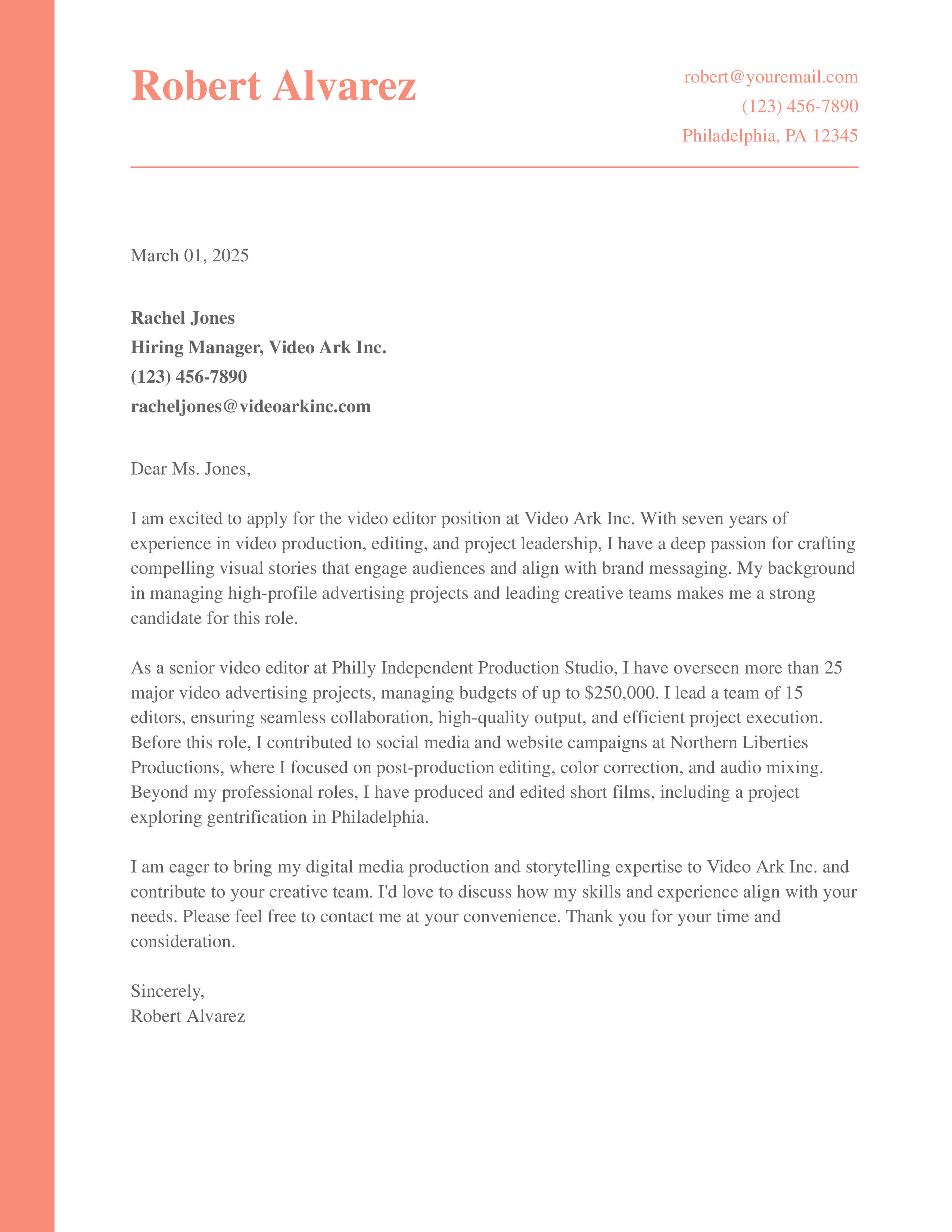 Video Editor Cover Letter