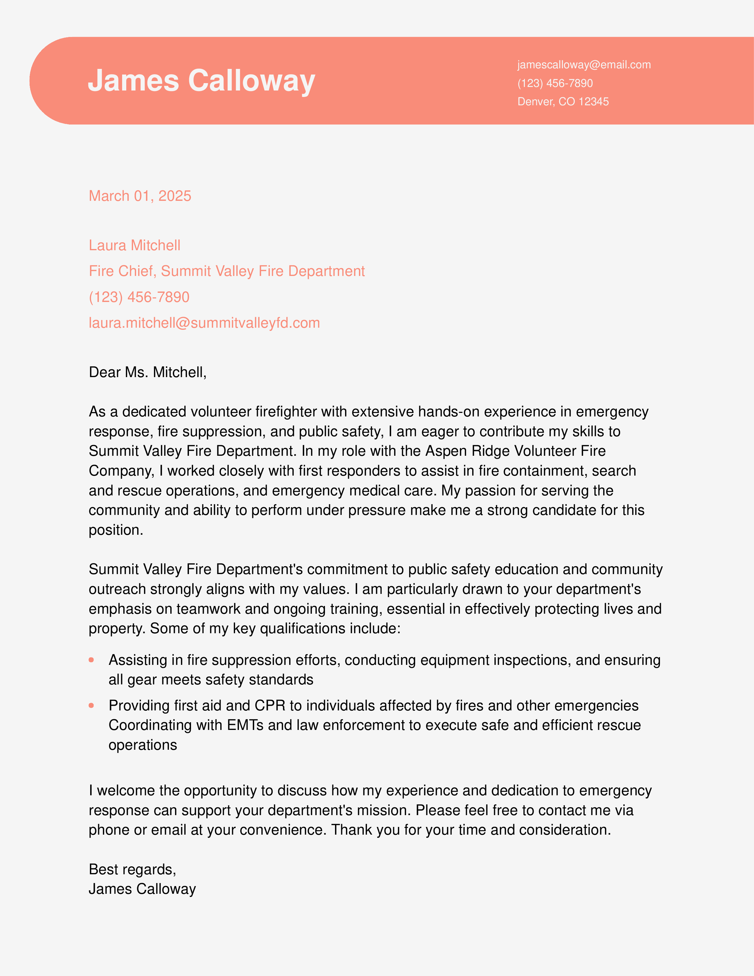 Volunteer Firefighter Cover Letter