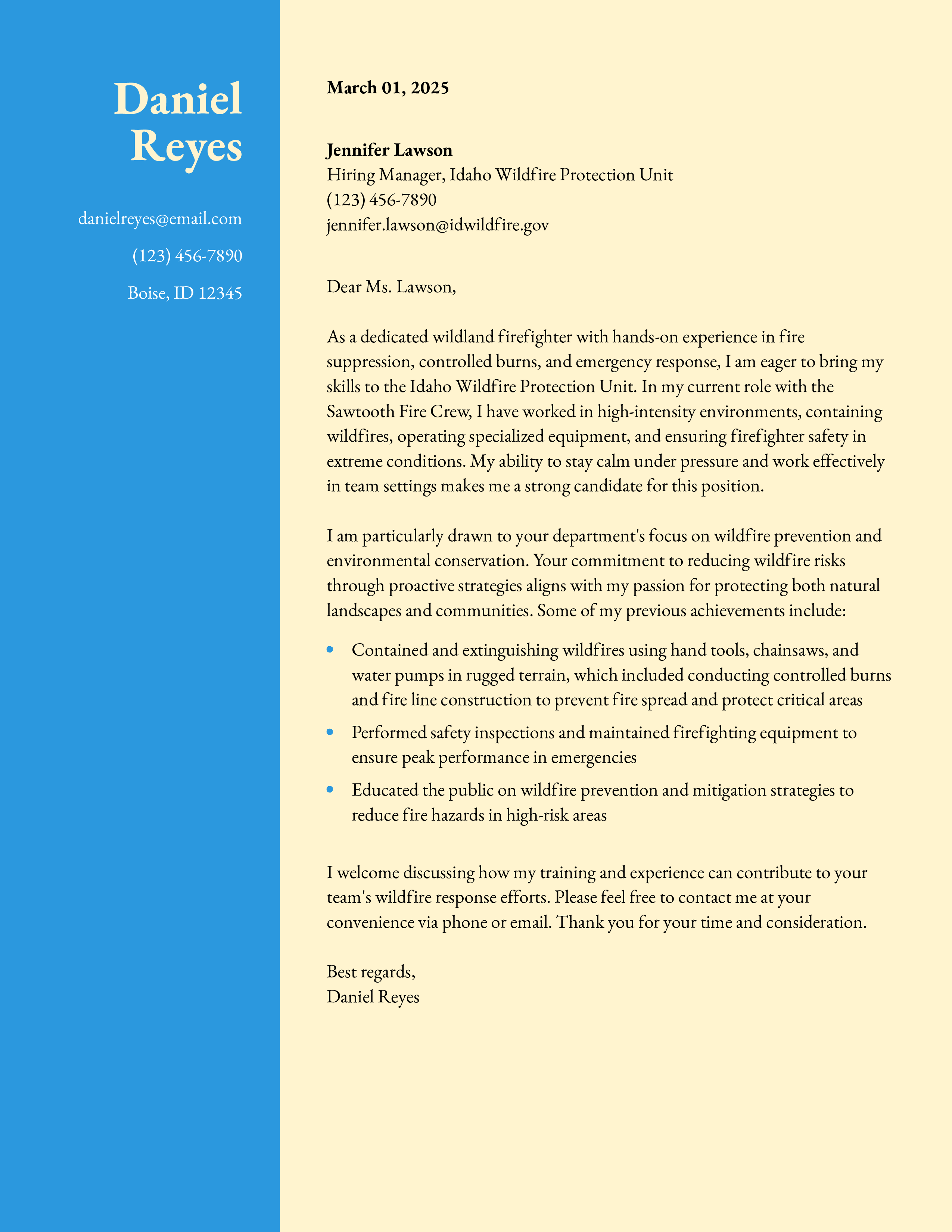 Wildlife Firefighter Cover Letter