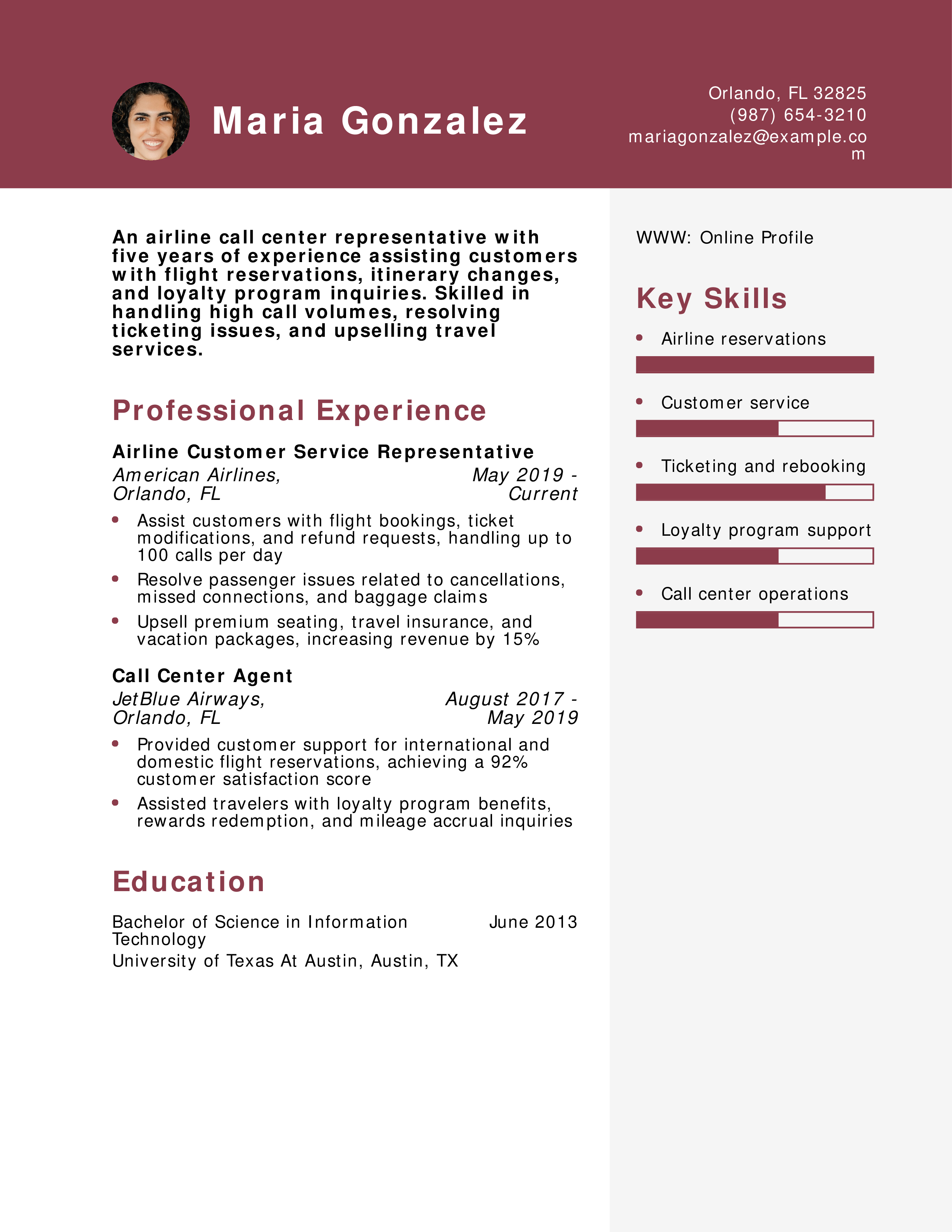 Airline Call Center Representative Resume