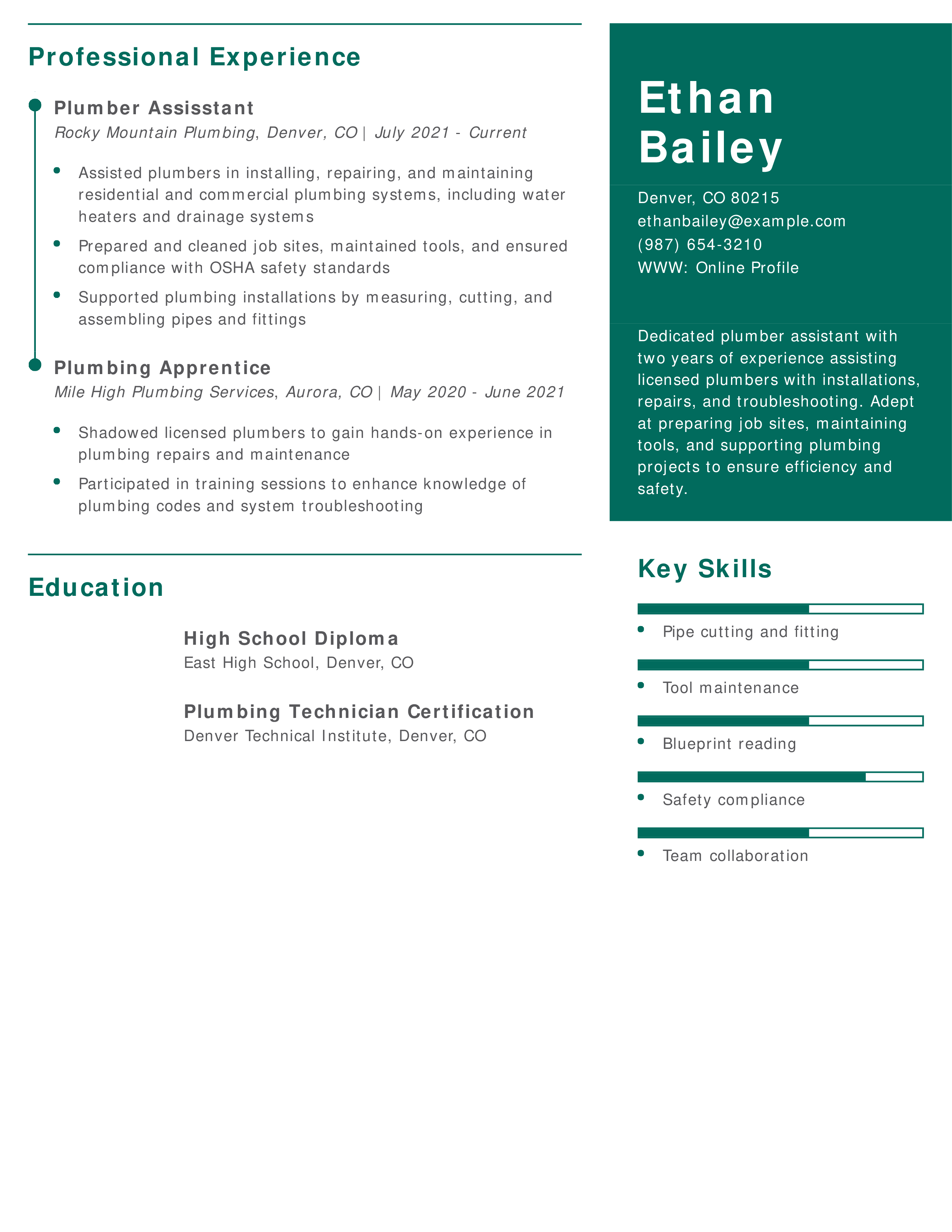 Apprentice Plumber Assistant Resume