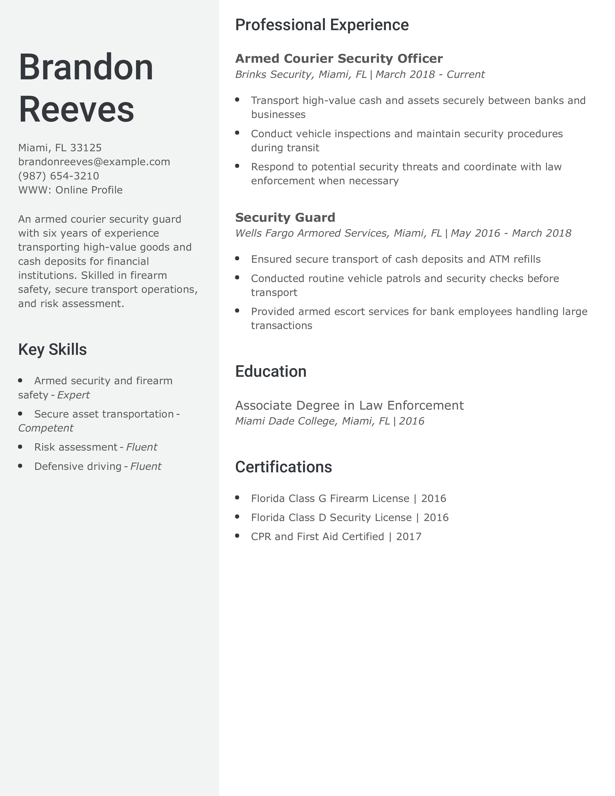 Armed Courier Security Guard Resume