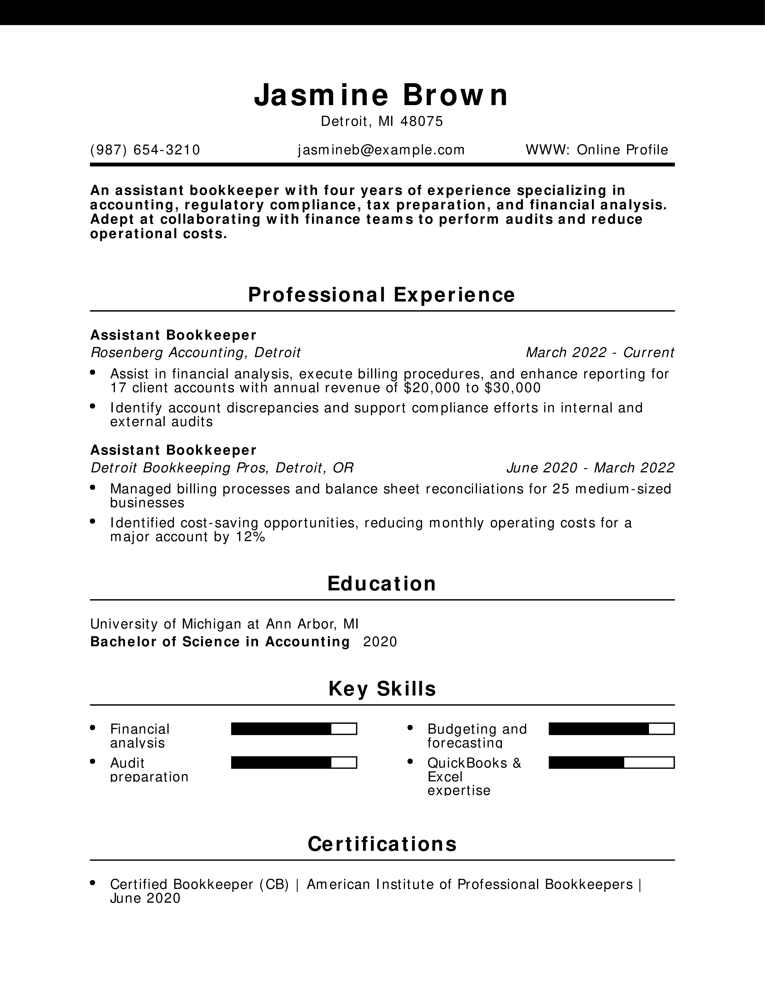 Assistant Bookkeeper Resume