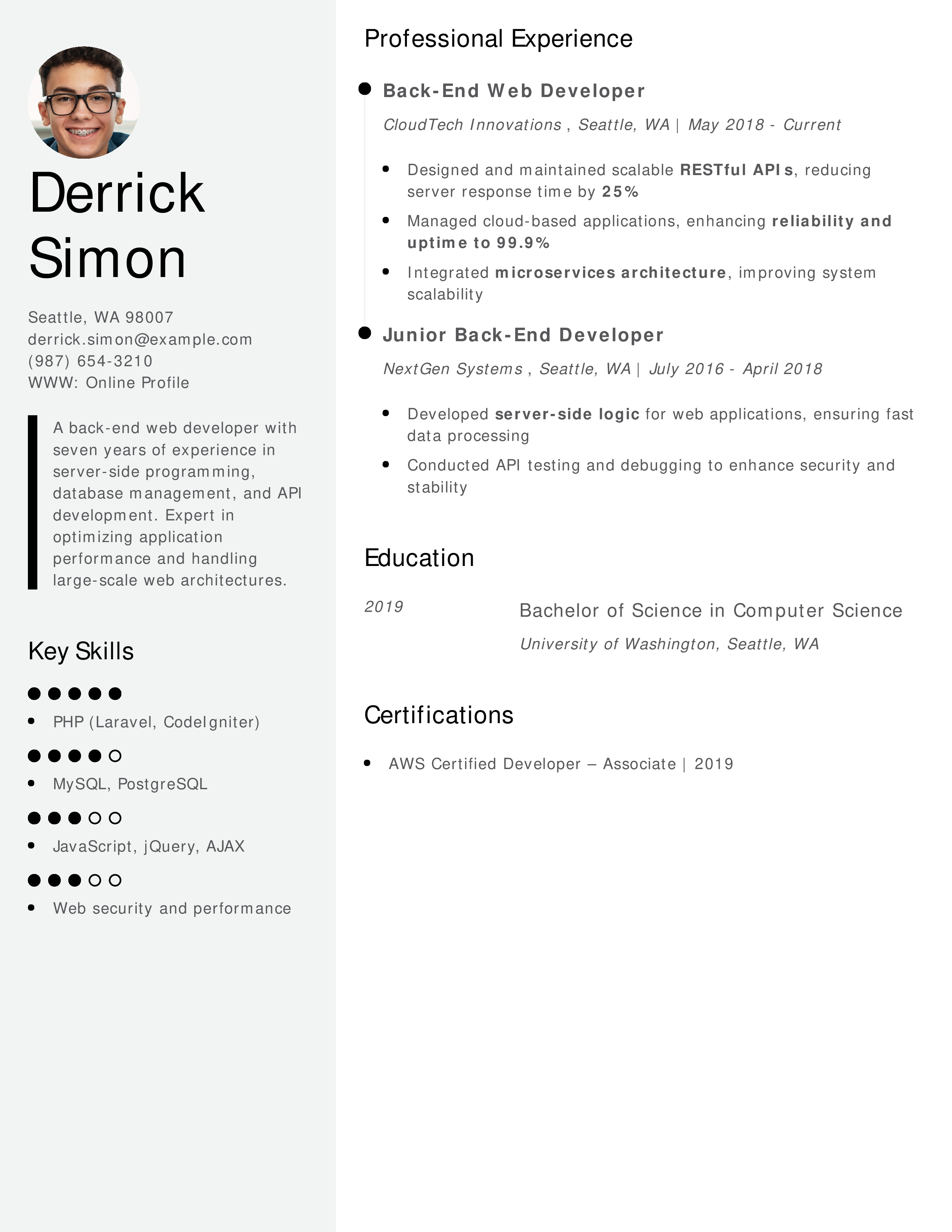 Back-End API Web Developer Resume