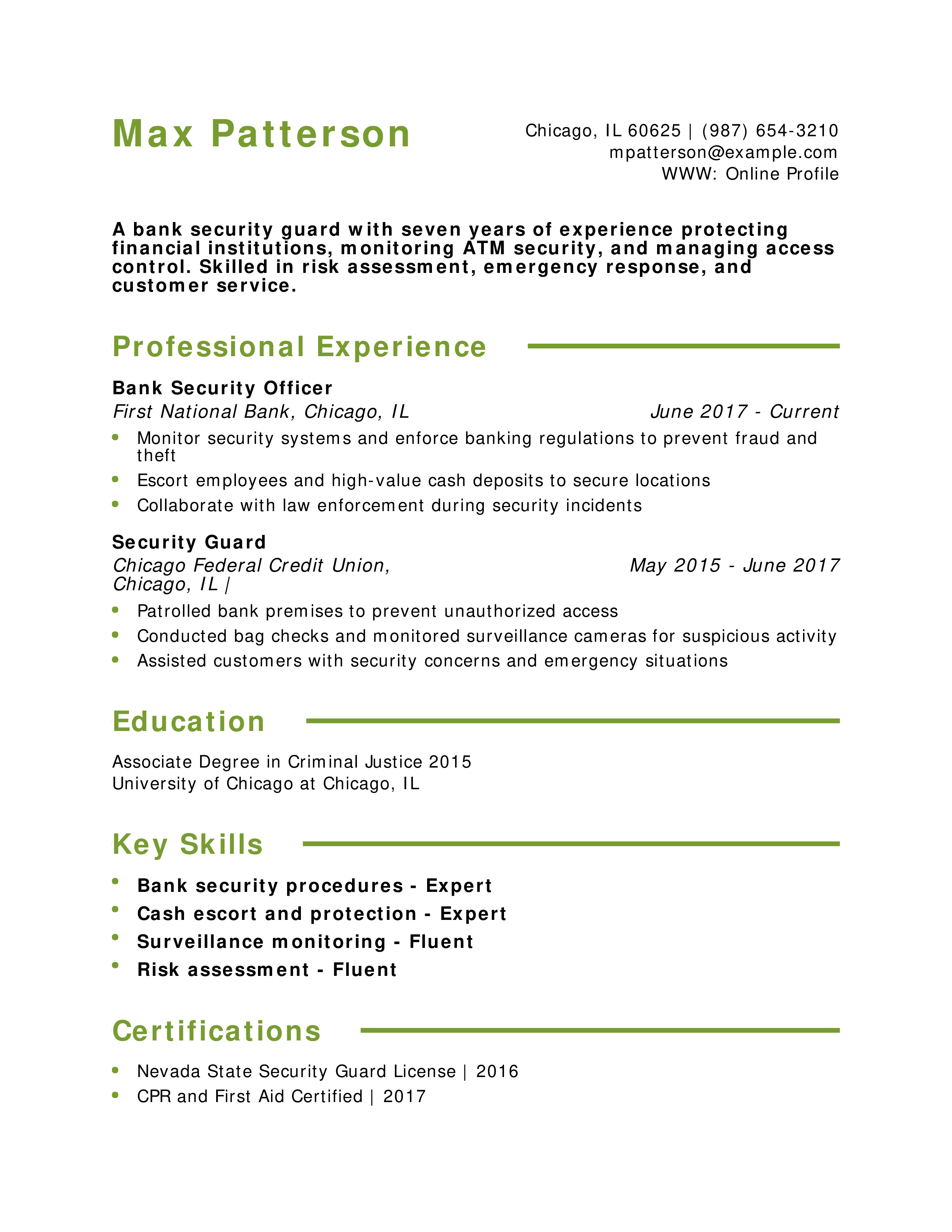 Bank Security Guard Resume