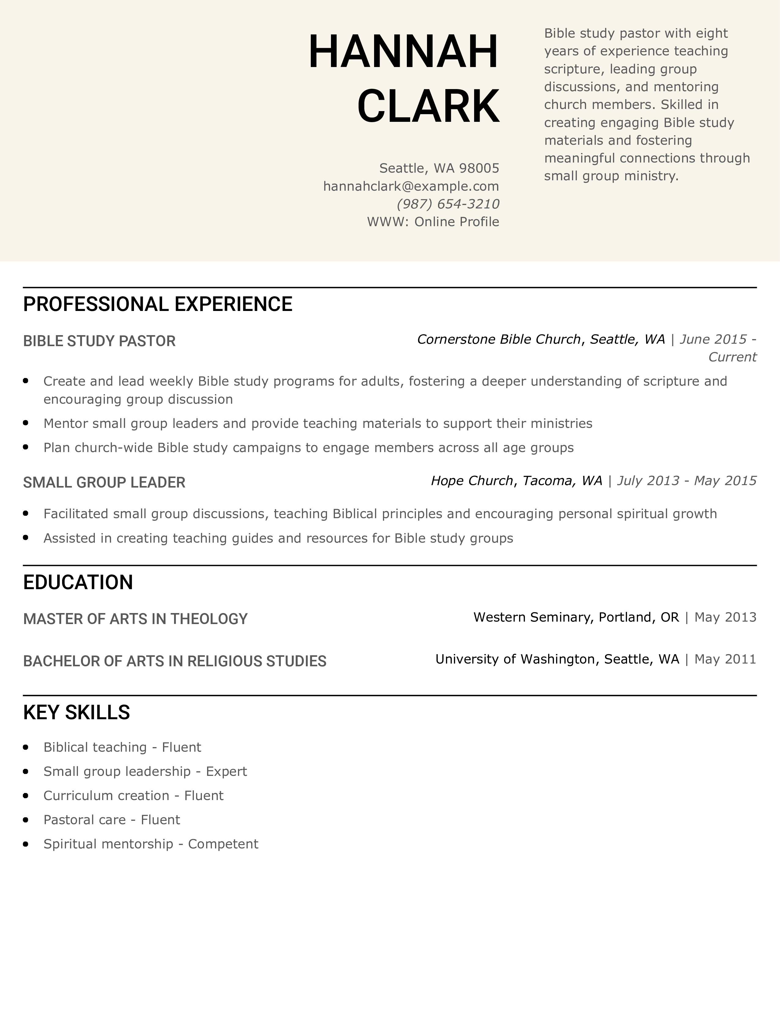 Bible Study Pastor Resume