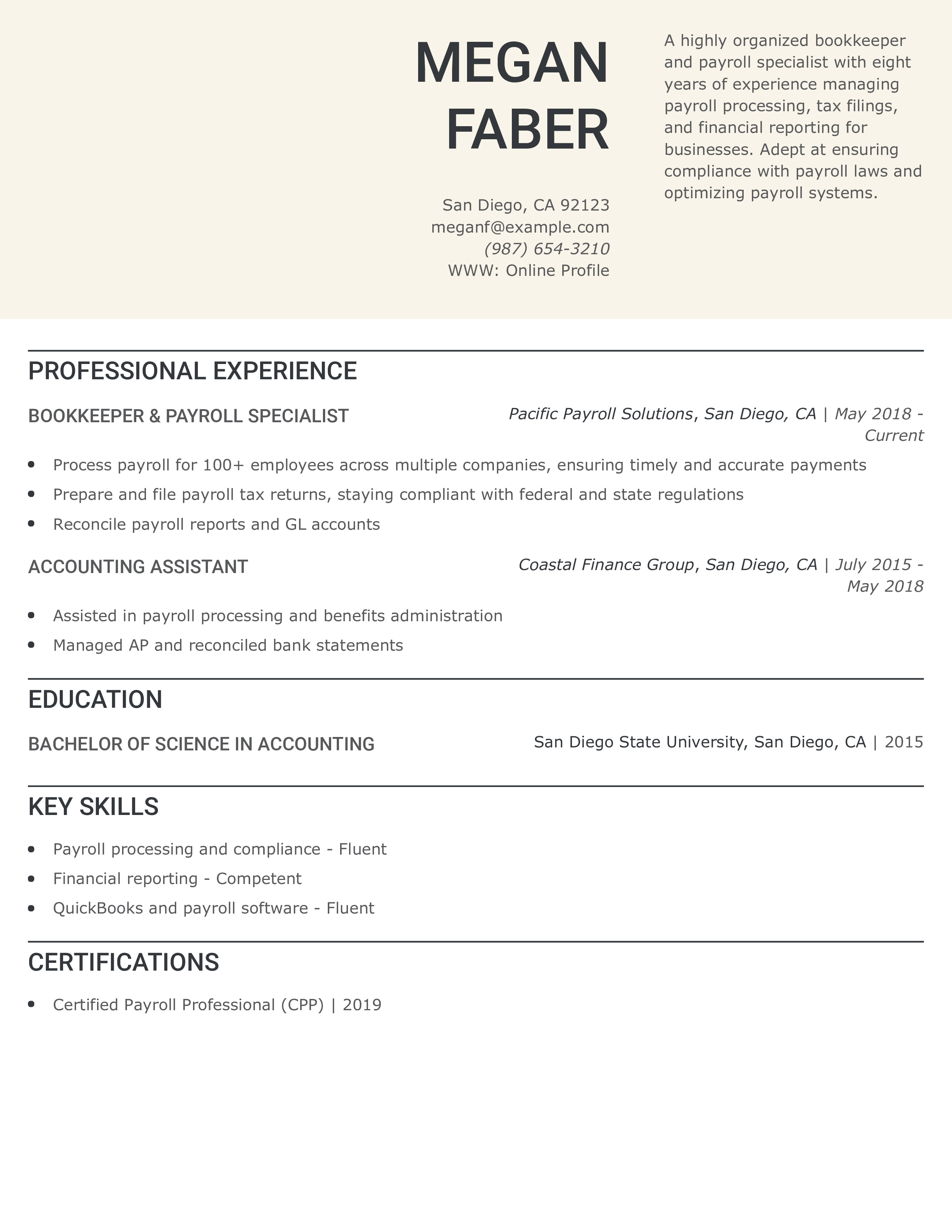 Bookkeeper and Payroll Specialist Resume