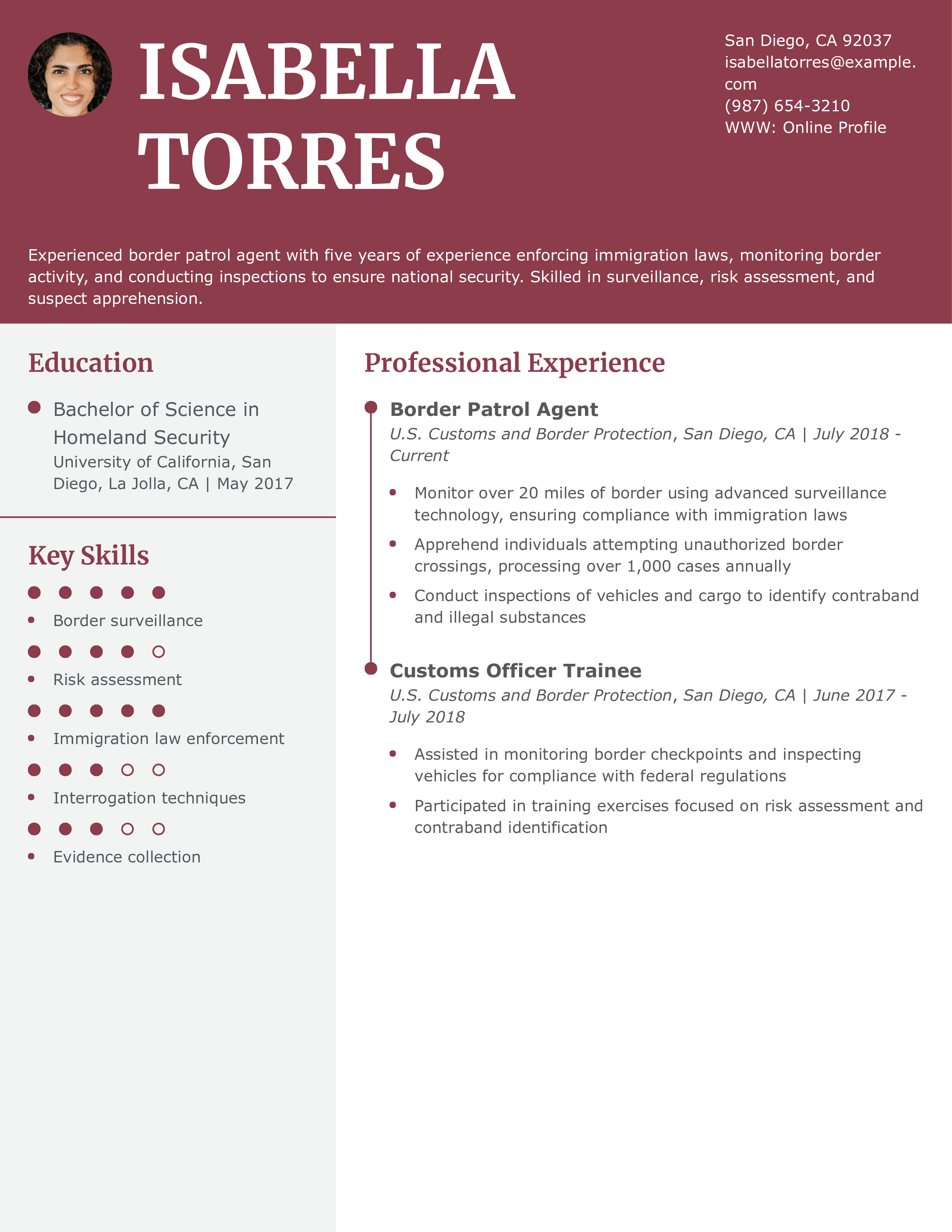 Border Patrol Agent Resume