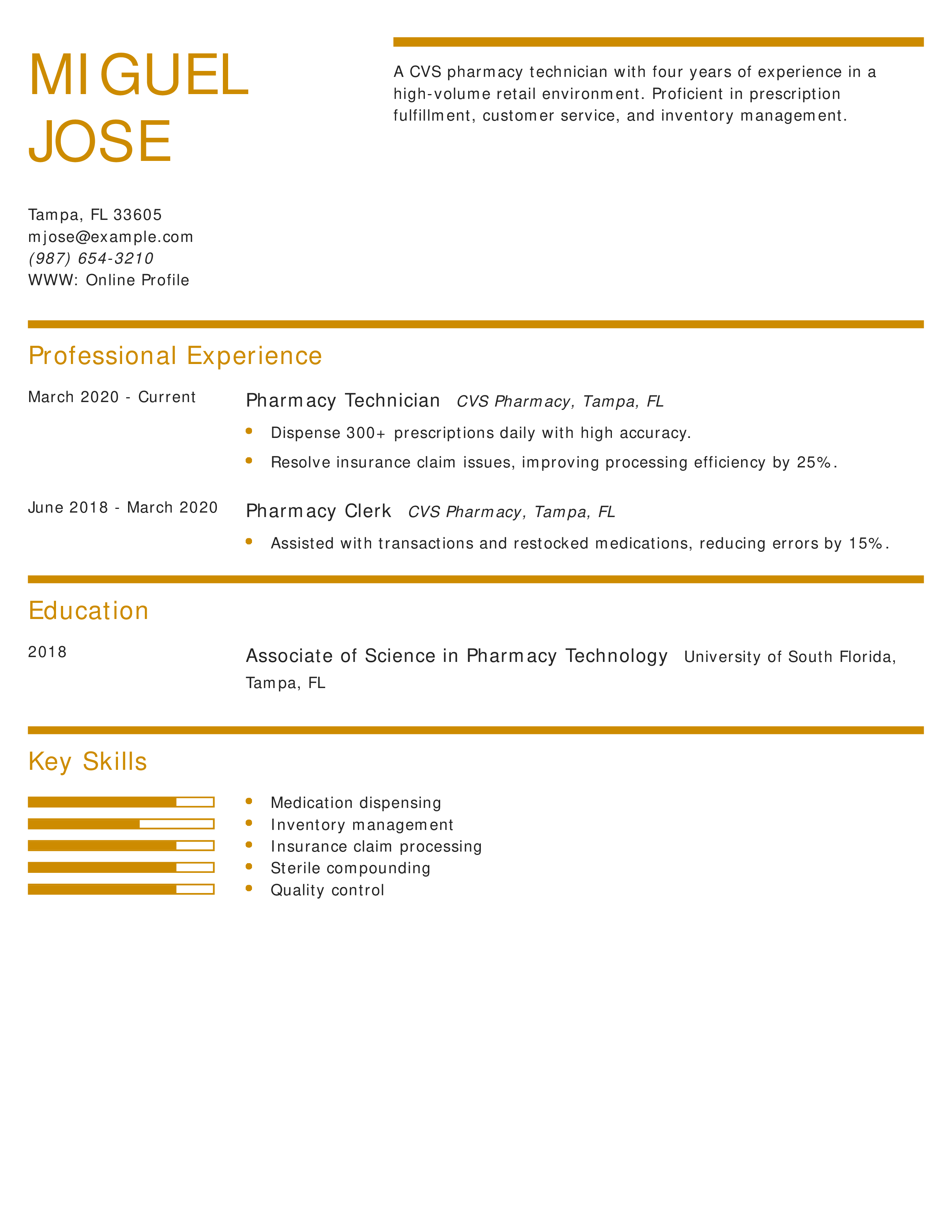 CVS High-Volume Pharmacy Technician Resume