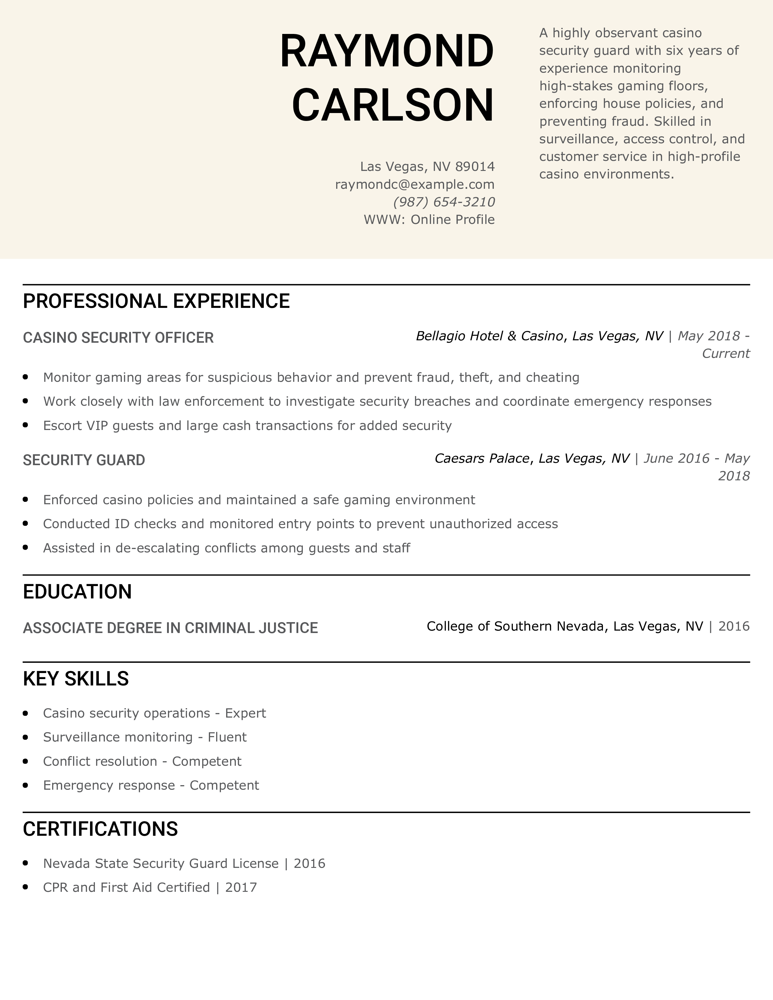 Casino Security Guard Resume