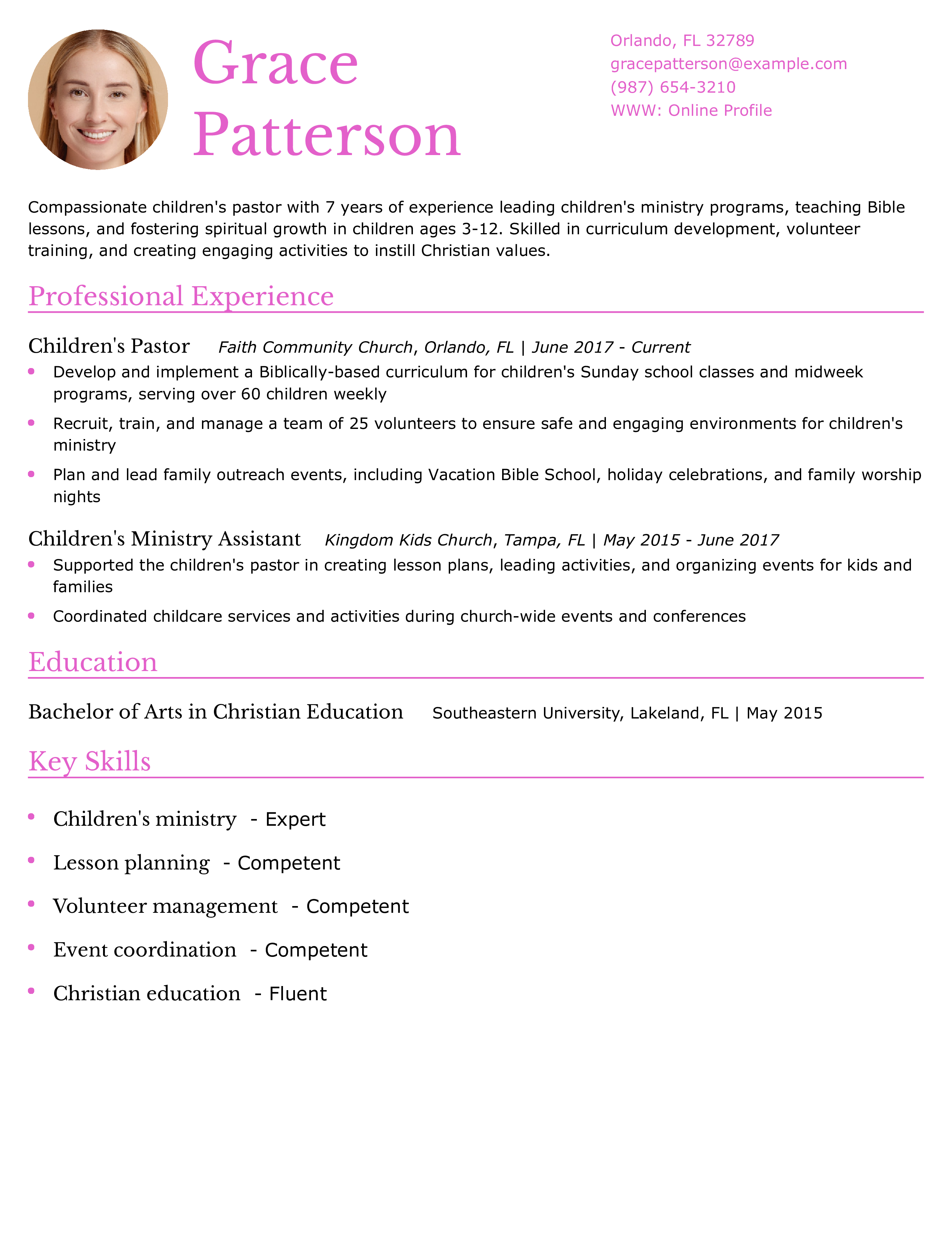 Children's Pastor Resume