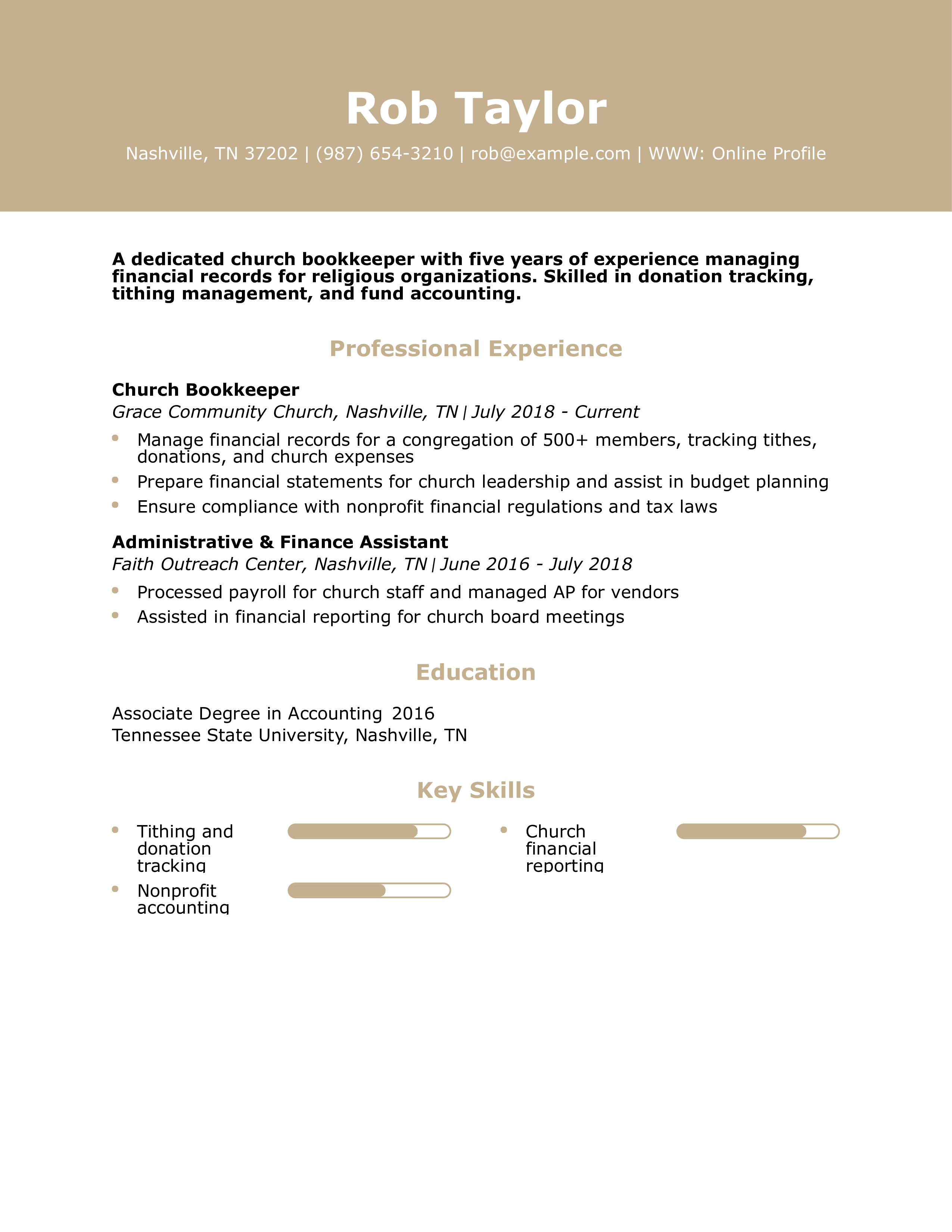 Church Bookkeeper Resume