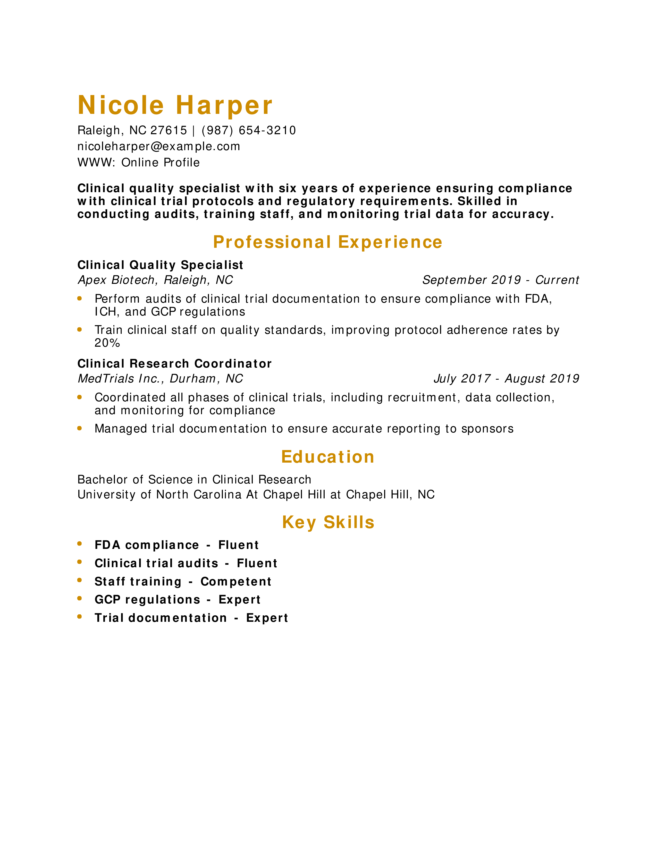 Clinical Quality Specialist Resume