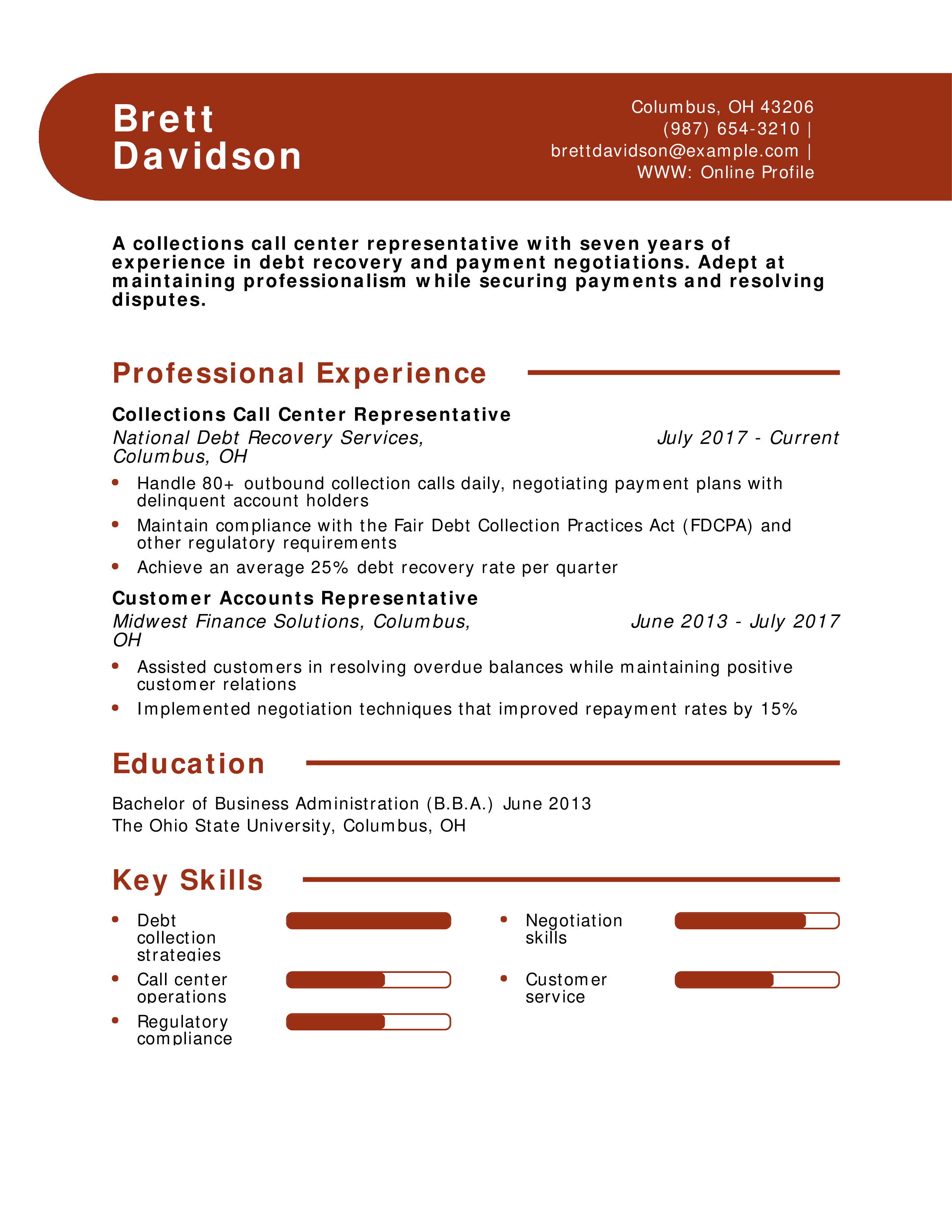 Collections Call Center Representative Resume