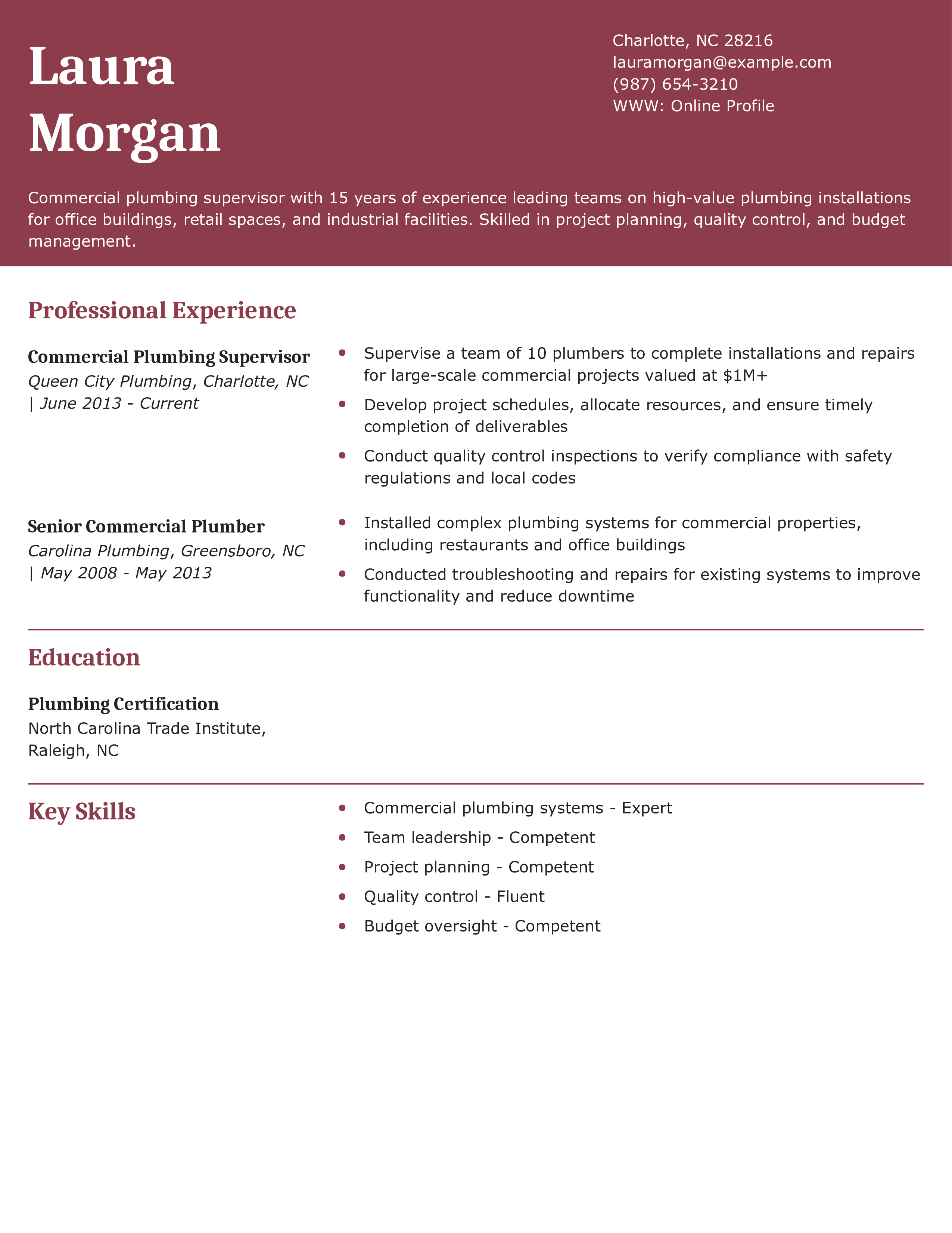 Commercial Plumbing Supervisor Resume
