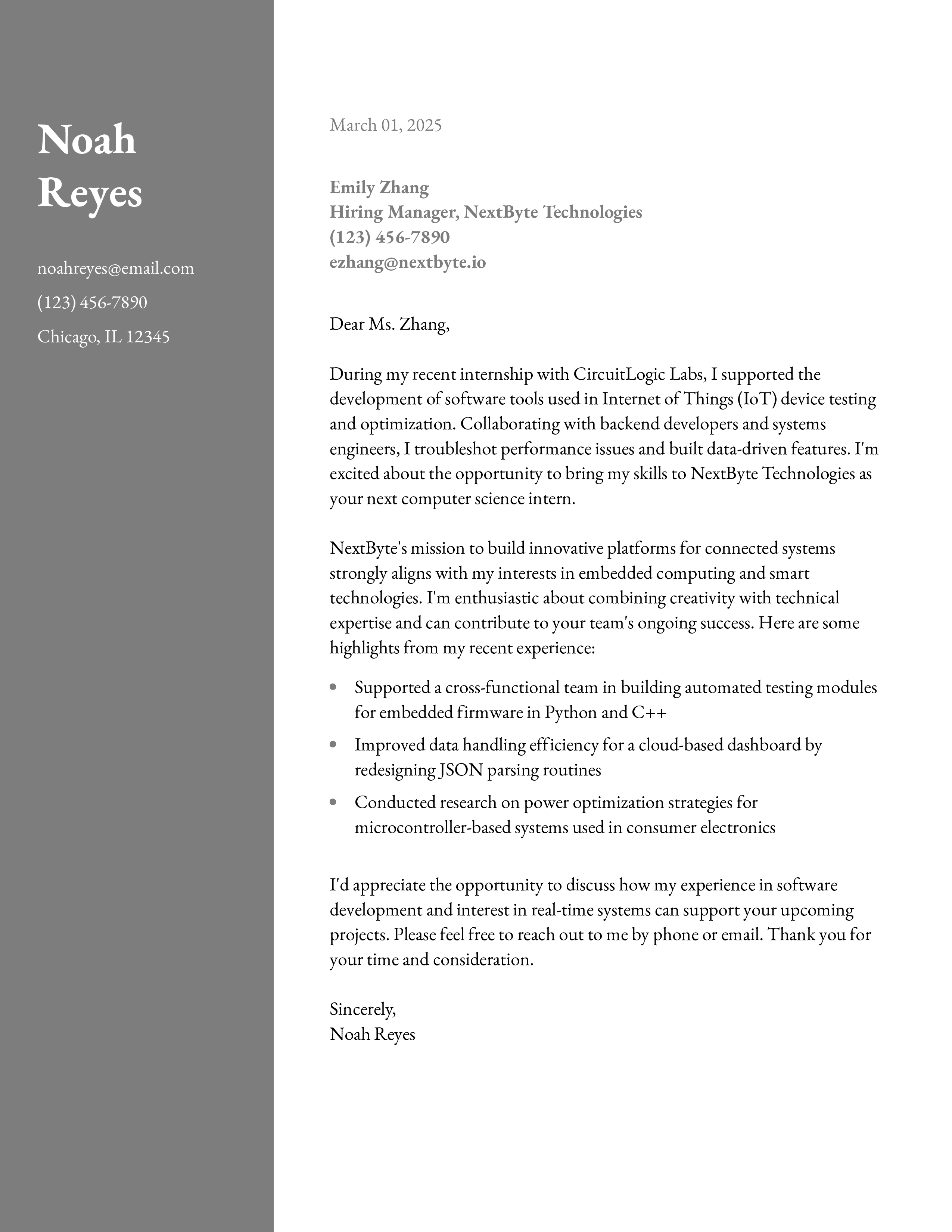 Computer Science Intern 4 Cover Letter