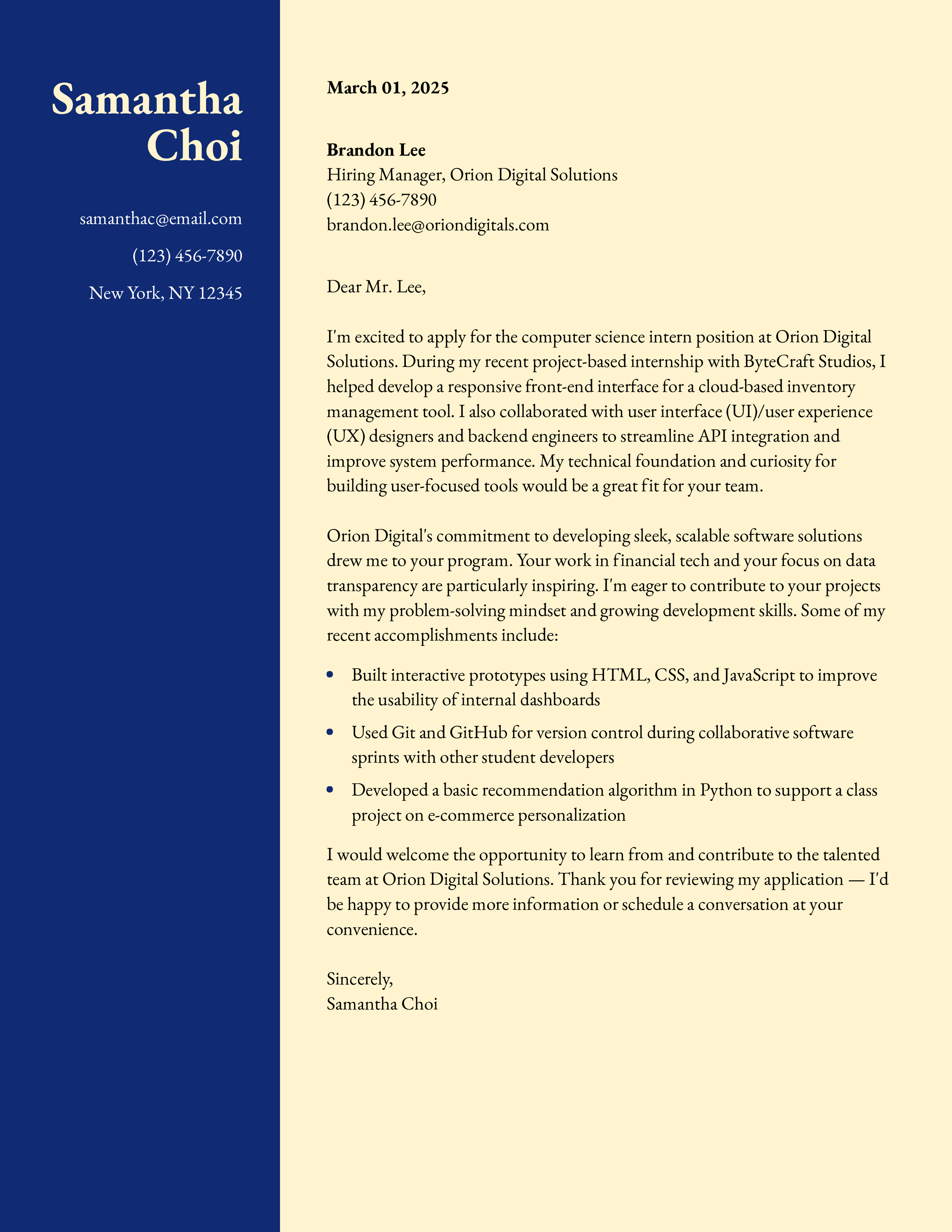 Computer Science Intern 5 Cover Letter