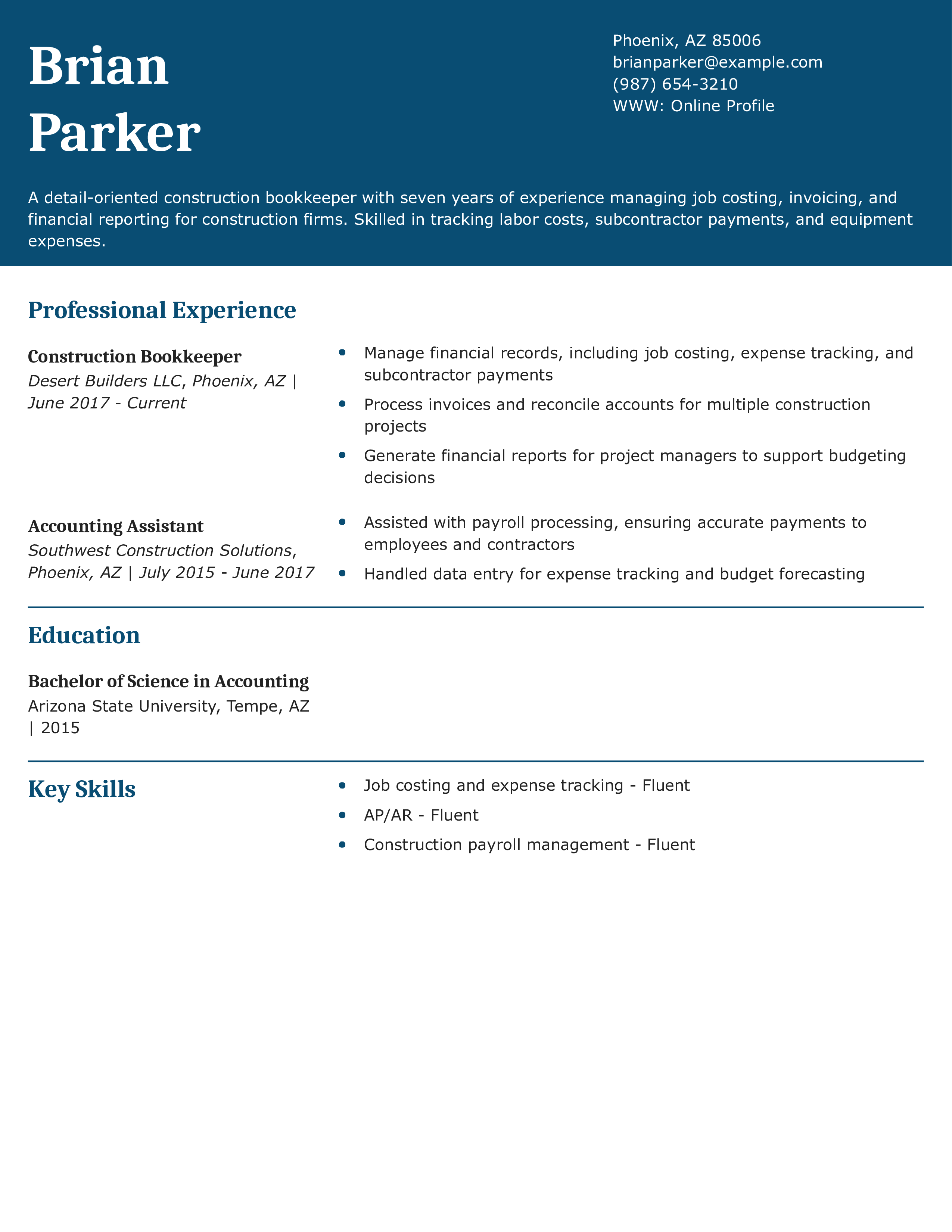 Construction Bookkeeper Resume