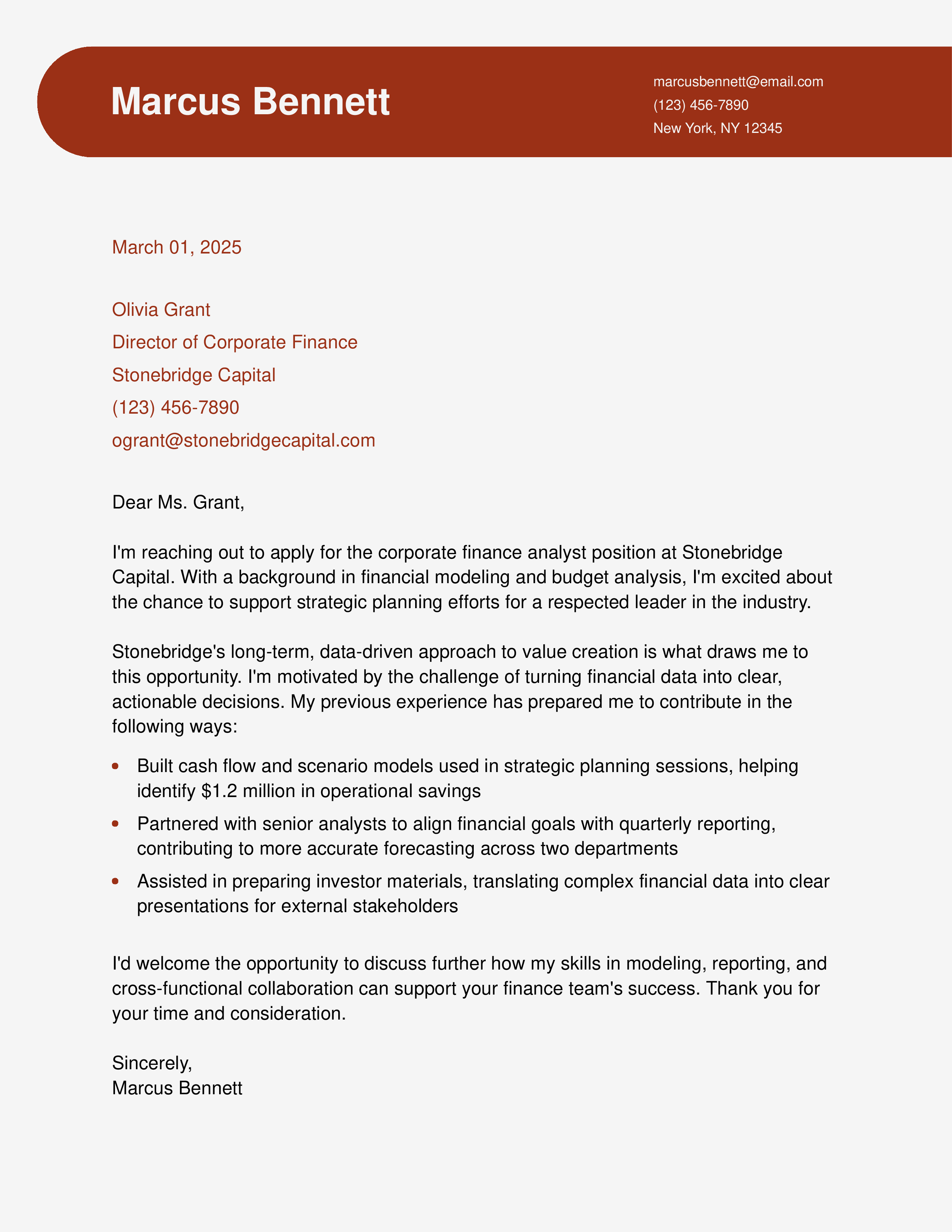 Corporate Finance Cover Letter