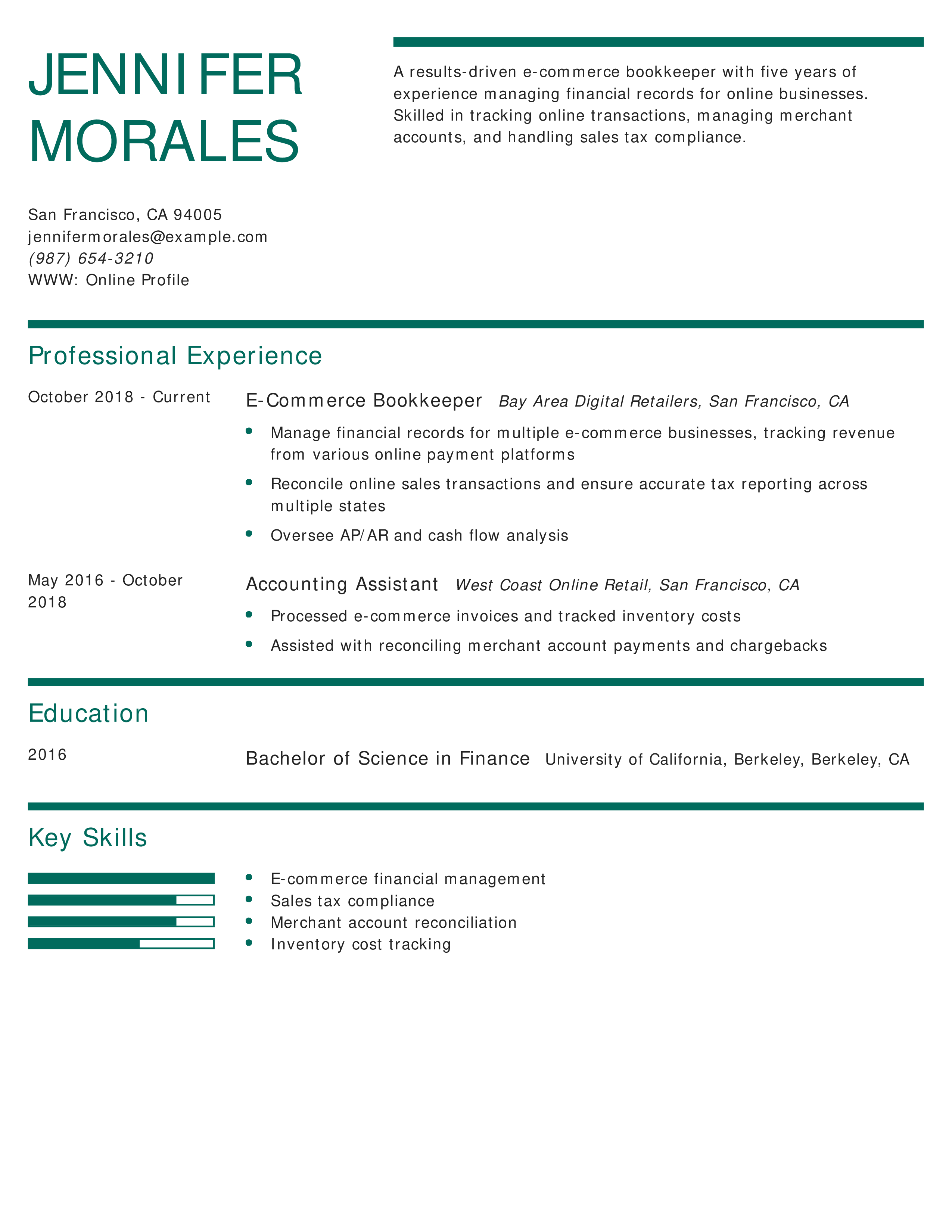 E-Commerce Bookkeeper Resume