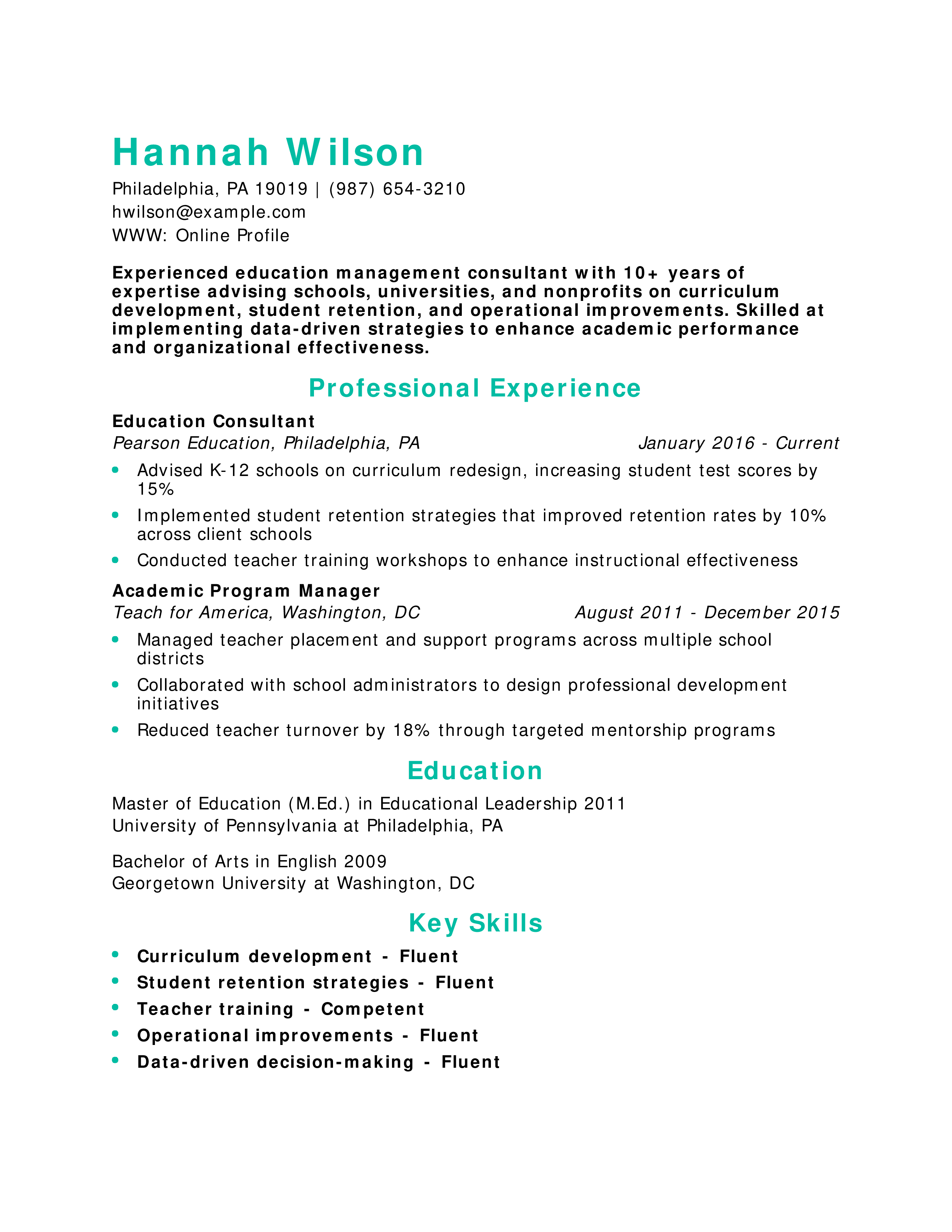 Education Management Consultant Resume
