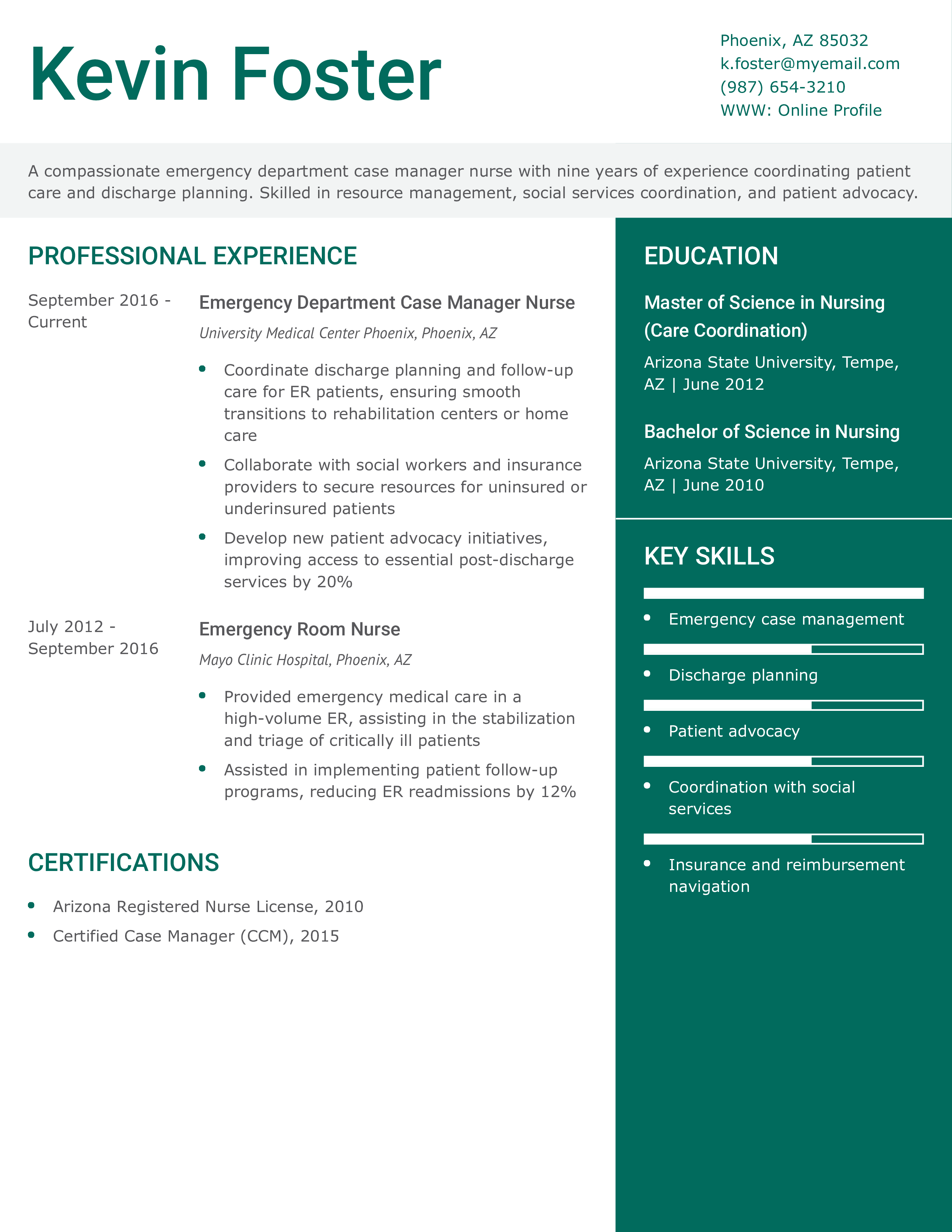 Emergency Department Case Manager Nurse Resume