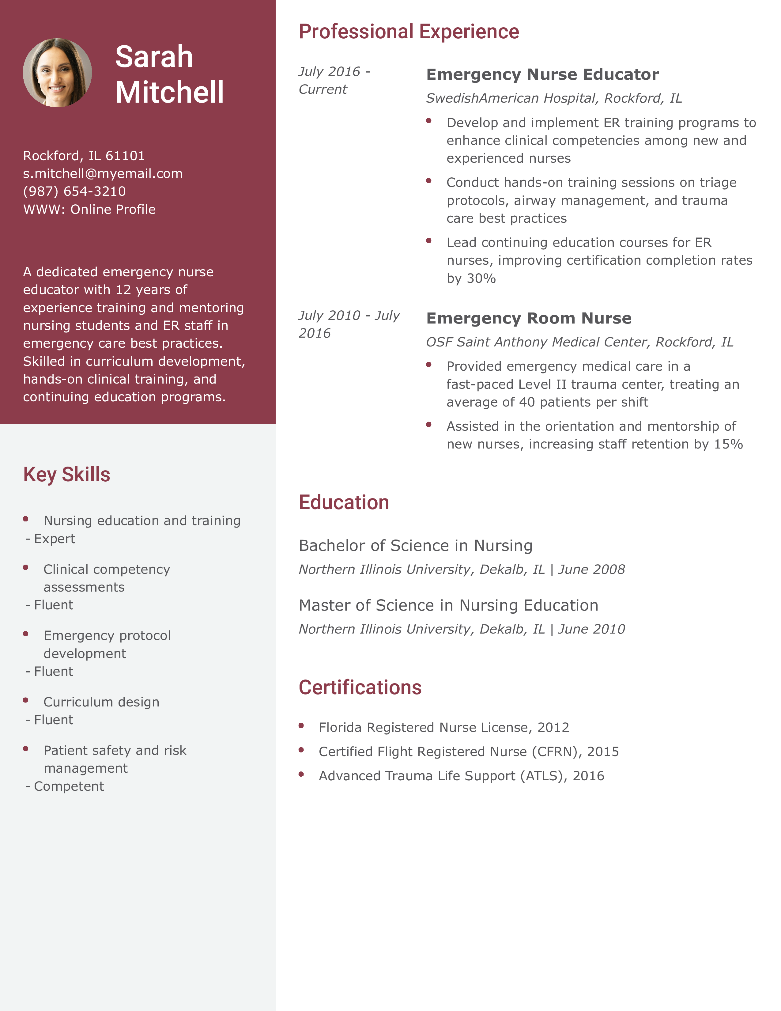 Emergency Nurse Educator Resume