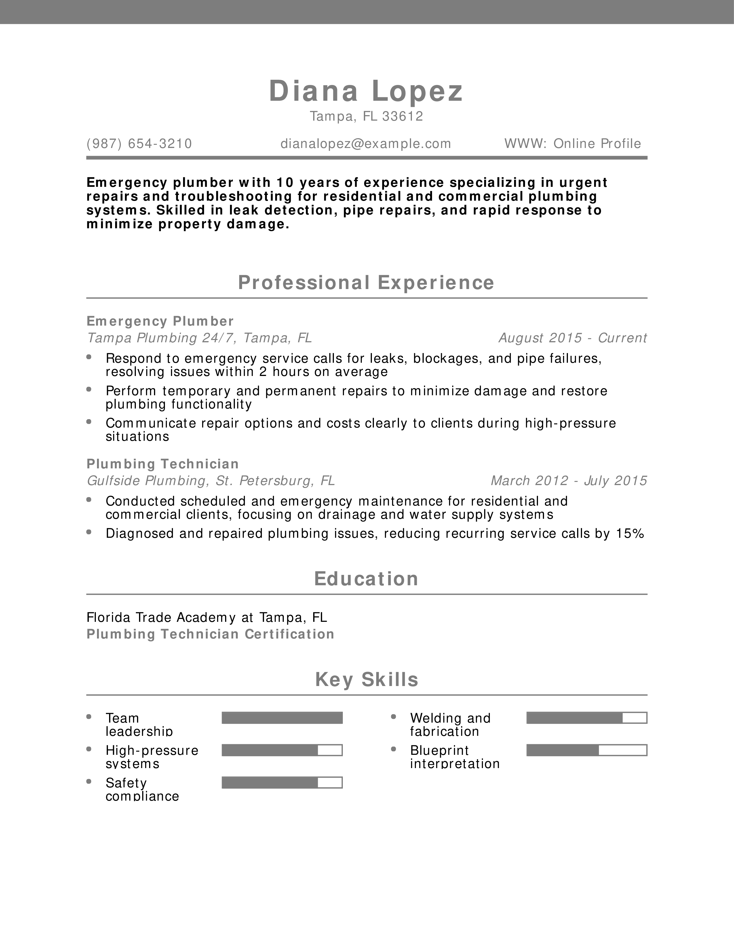 Emergency Plumber Resume