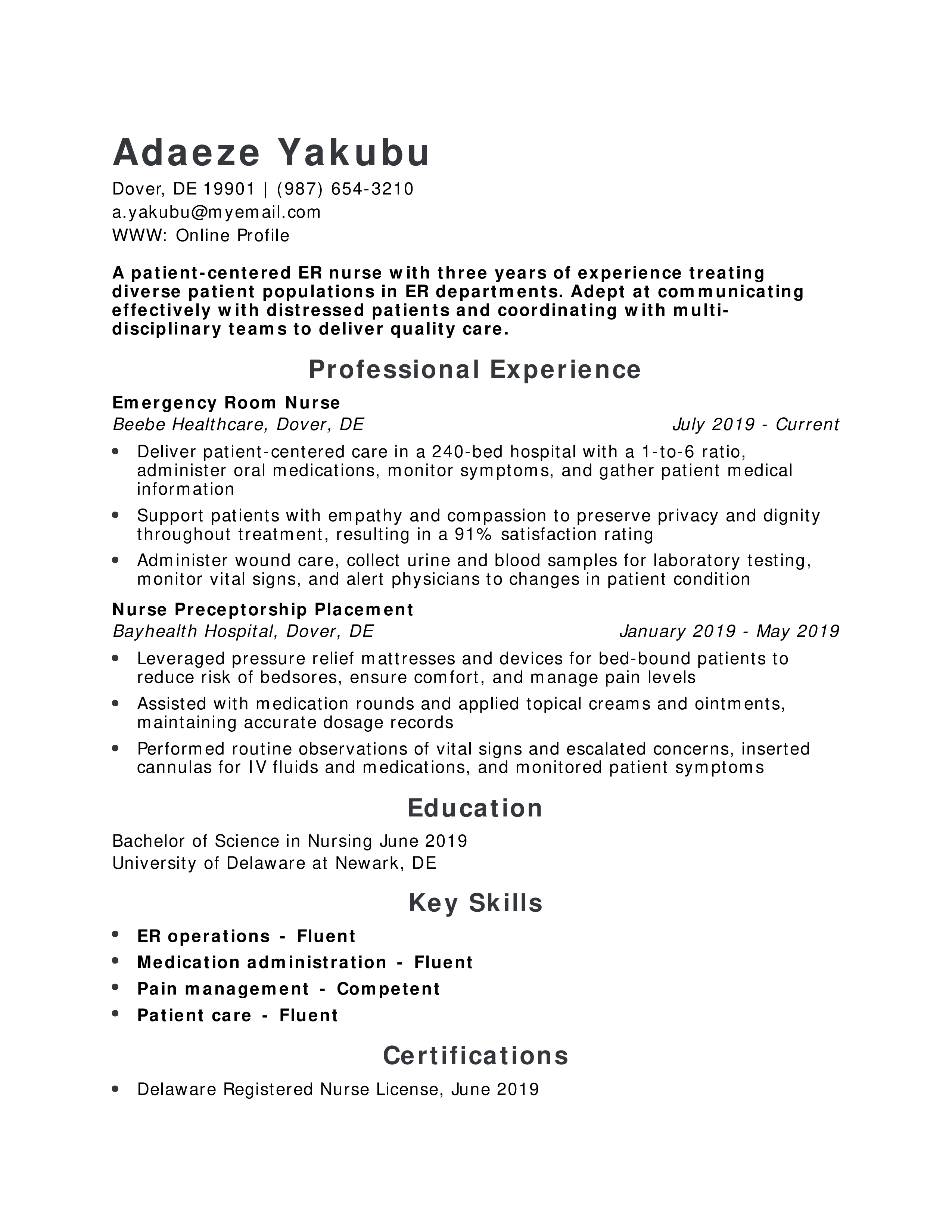 Emergency Room Nurse Resume