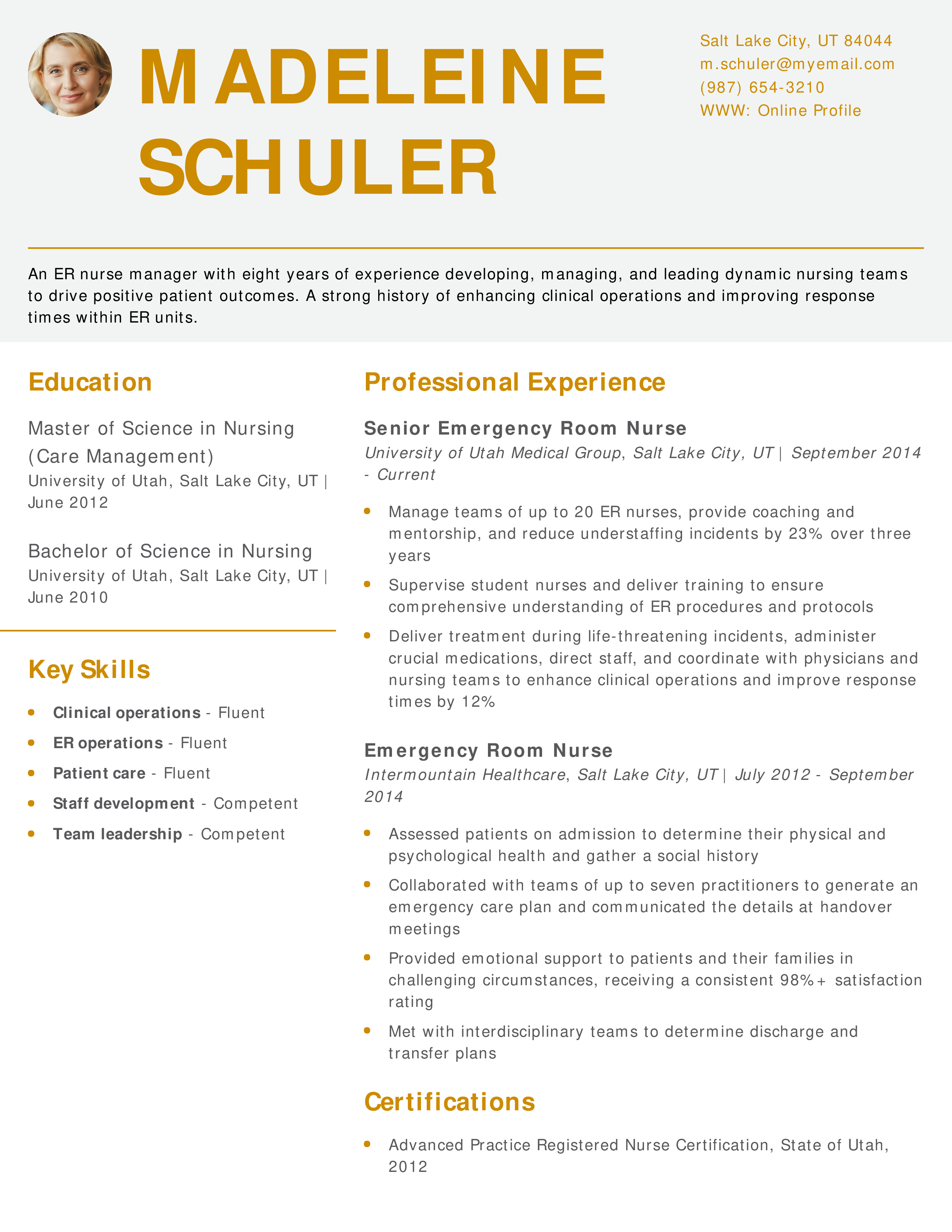 Emergency Room Nurse Manager Resume