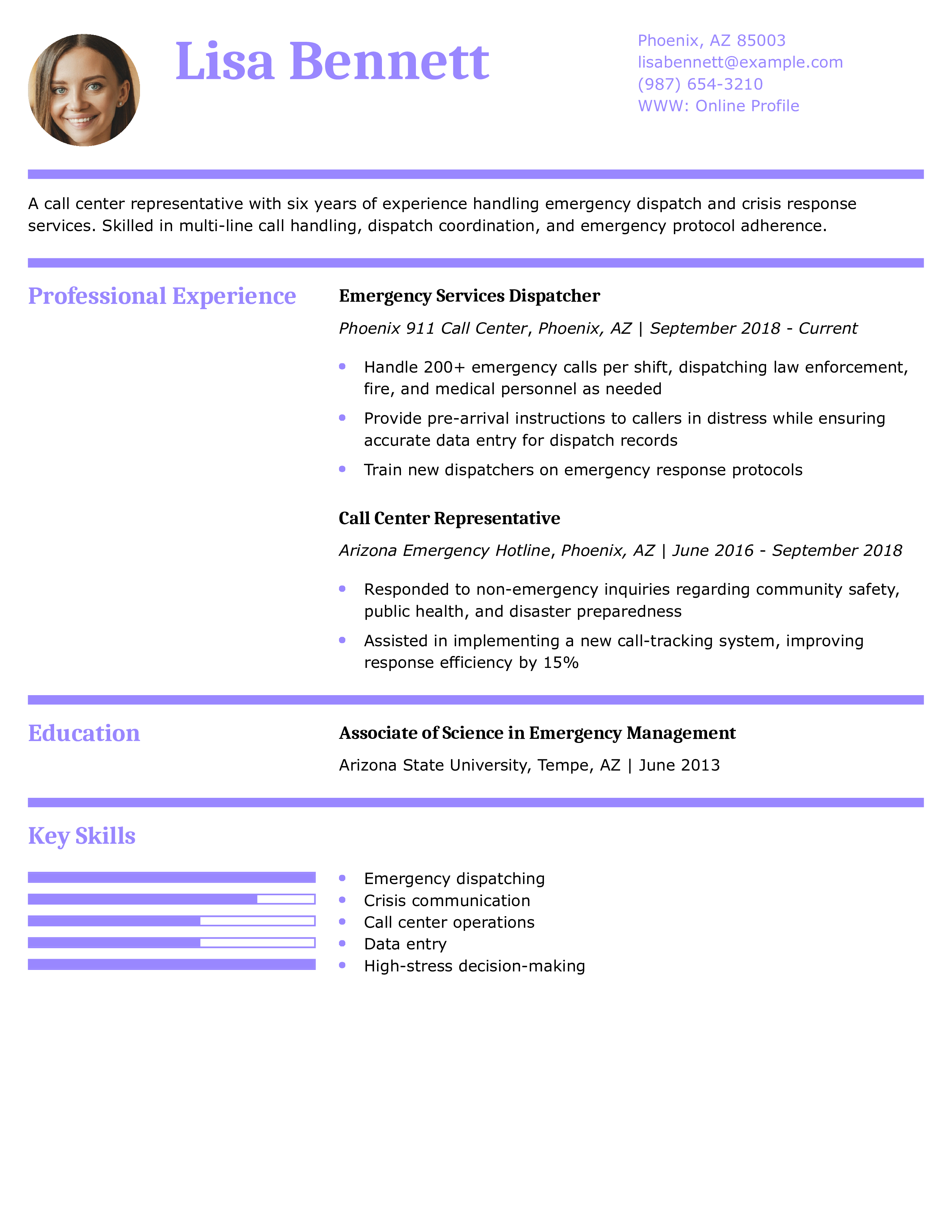 Emergency Services Call Center Representative Resume