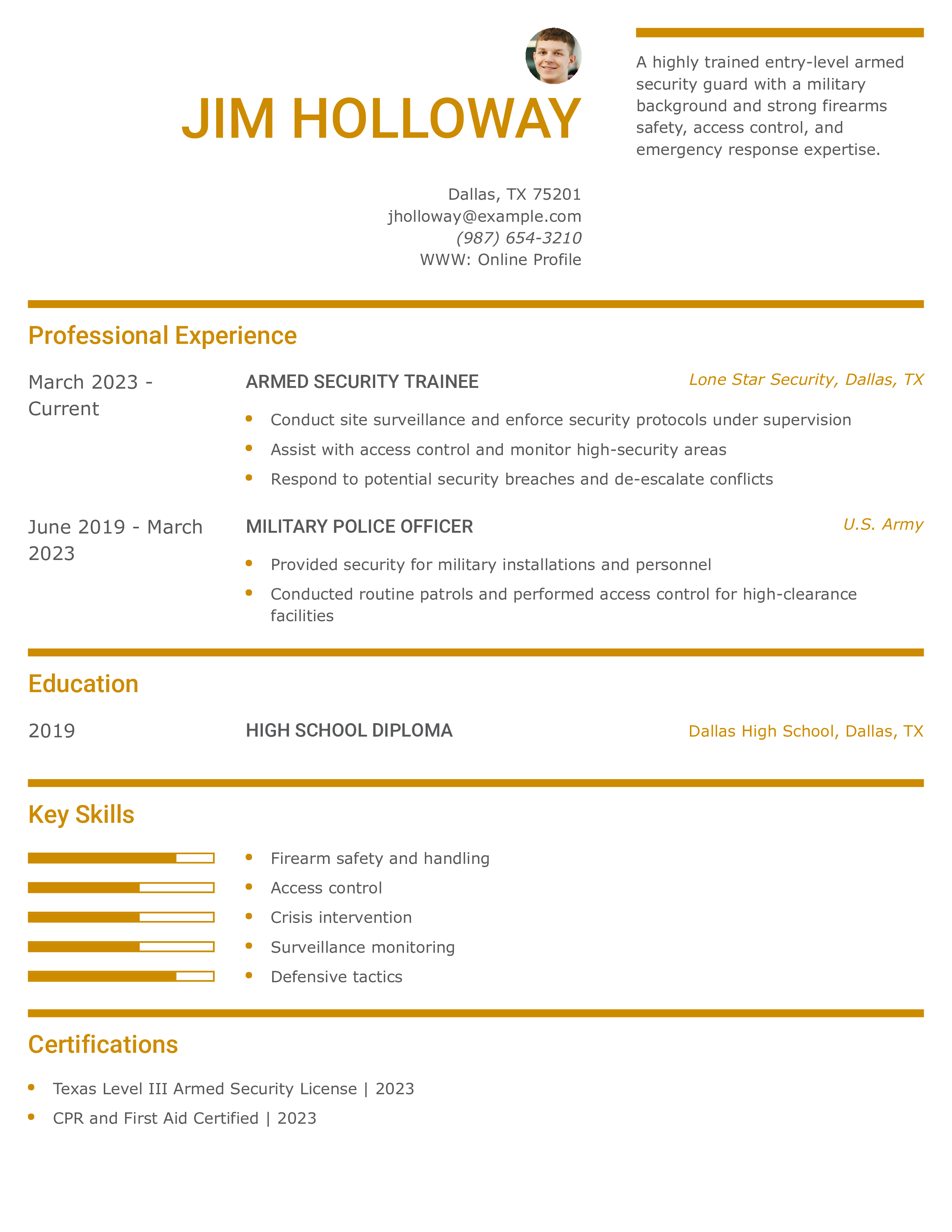 Entry-Level Armed Security Guard Resume