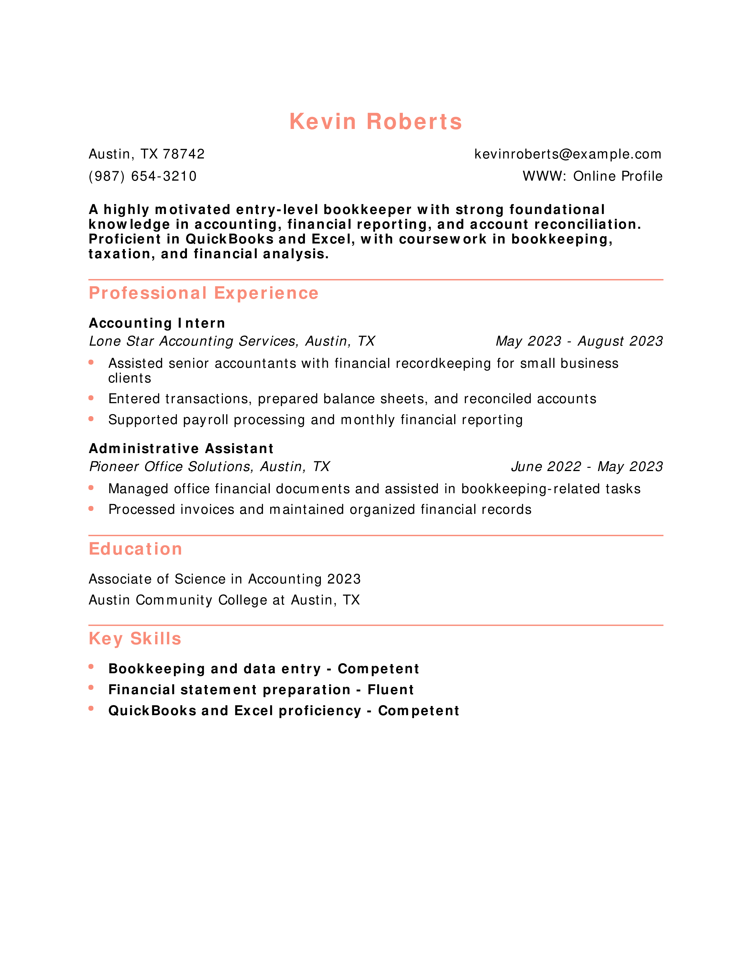 Entry-Level Bookkeeper Resume