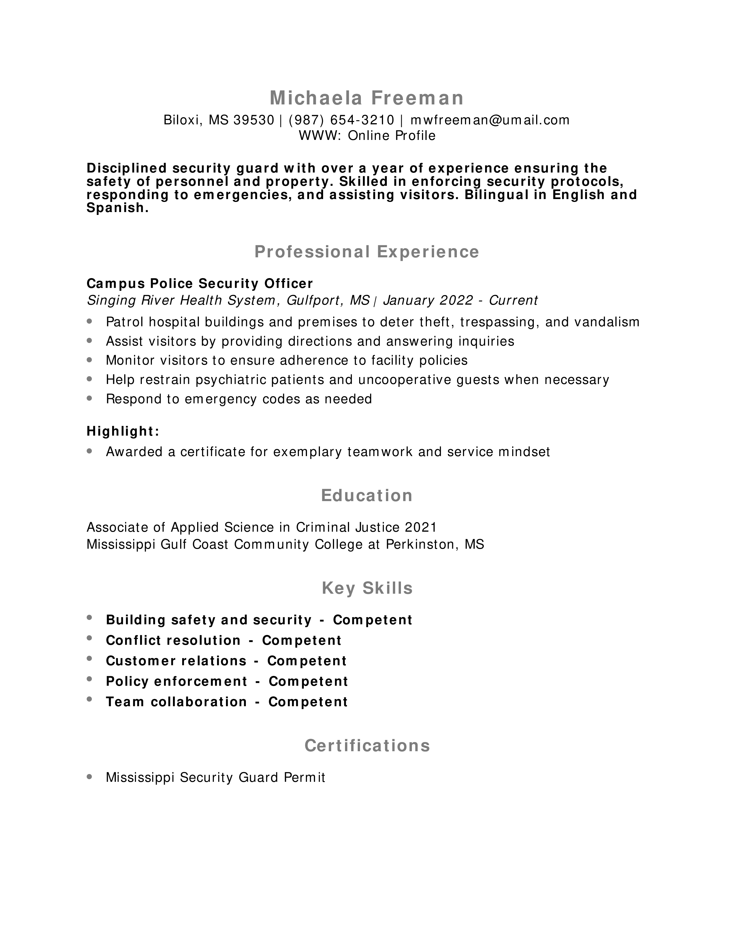Entry-Level Security Guard Resume