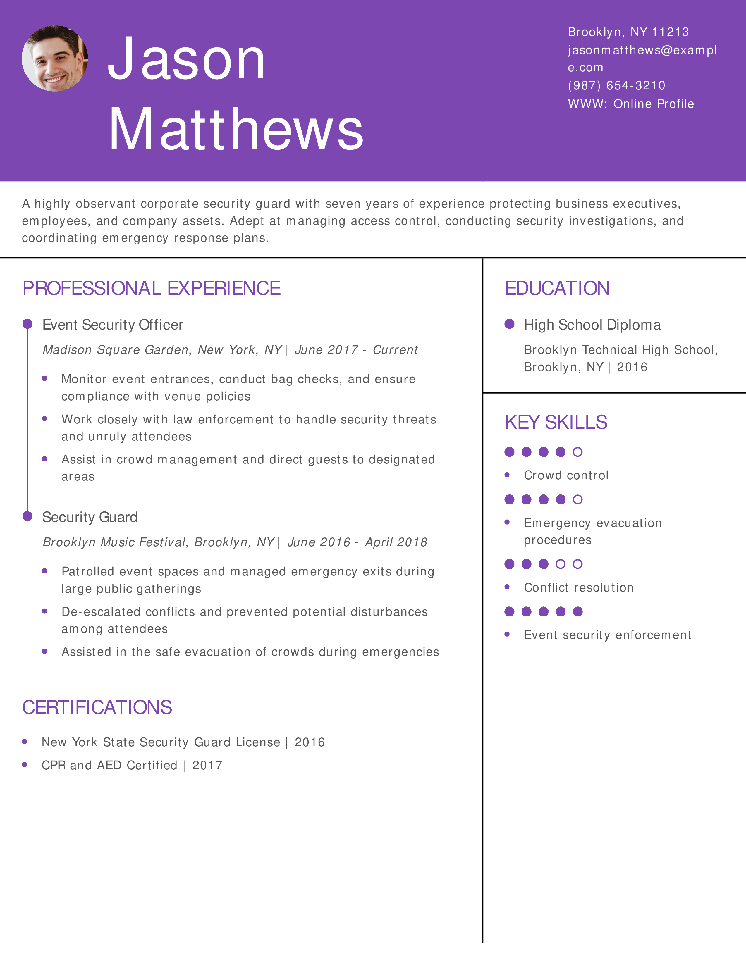 Event Security Guard Resume