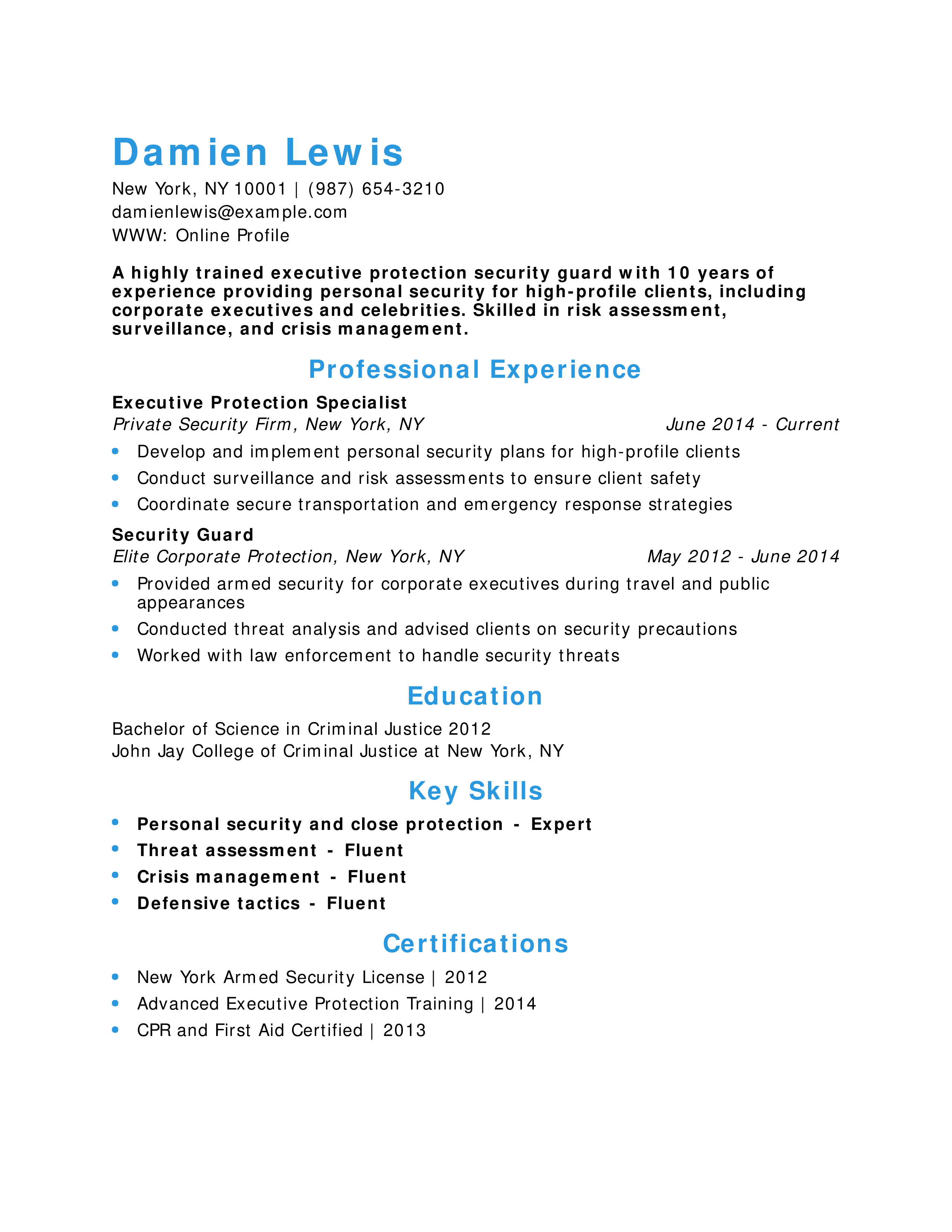 Executive Protection Security Guard Resume