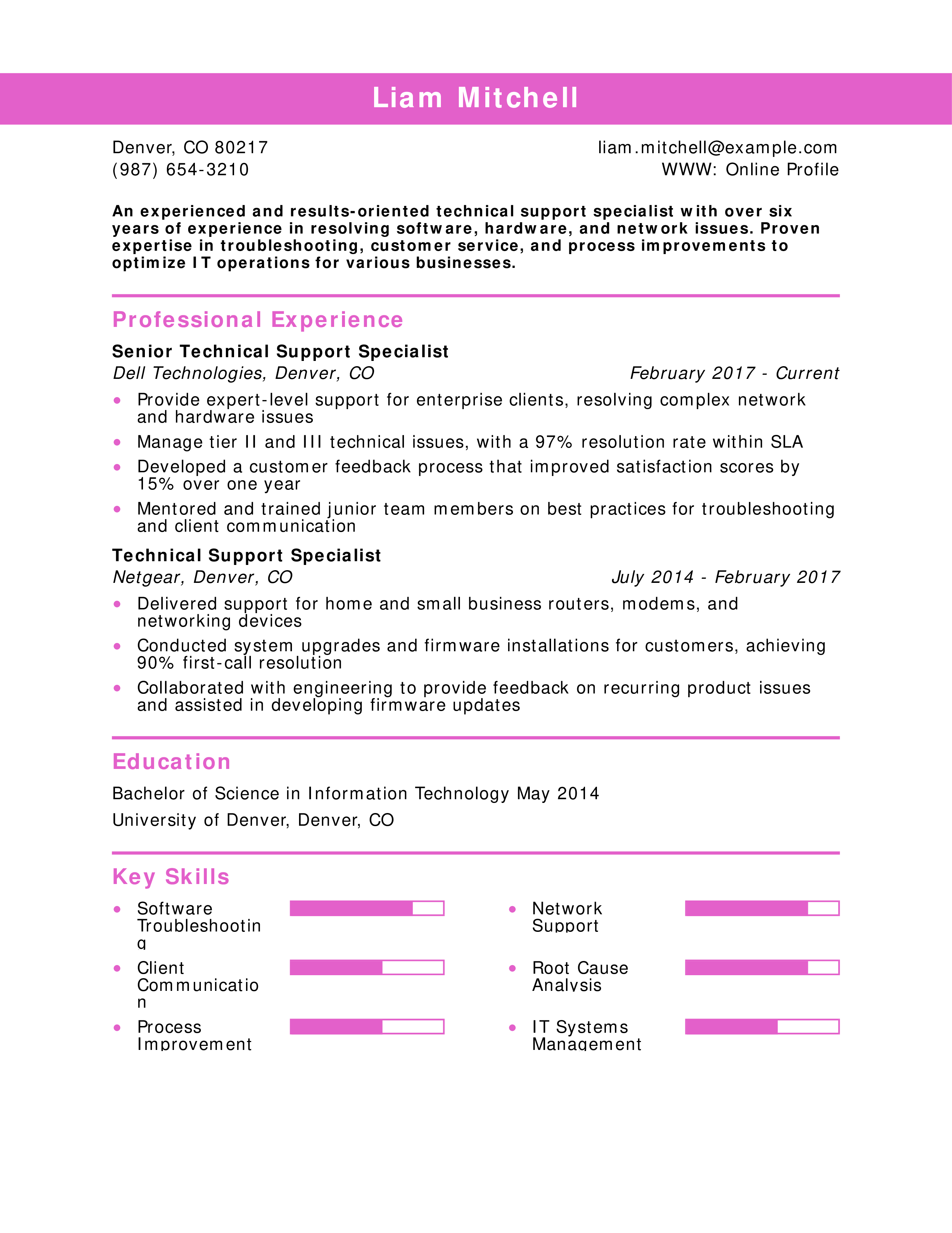 Experienced Technical Support Specialist Resume