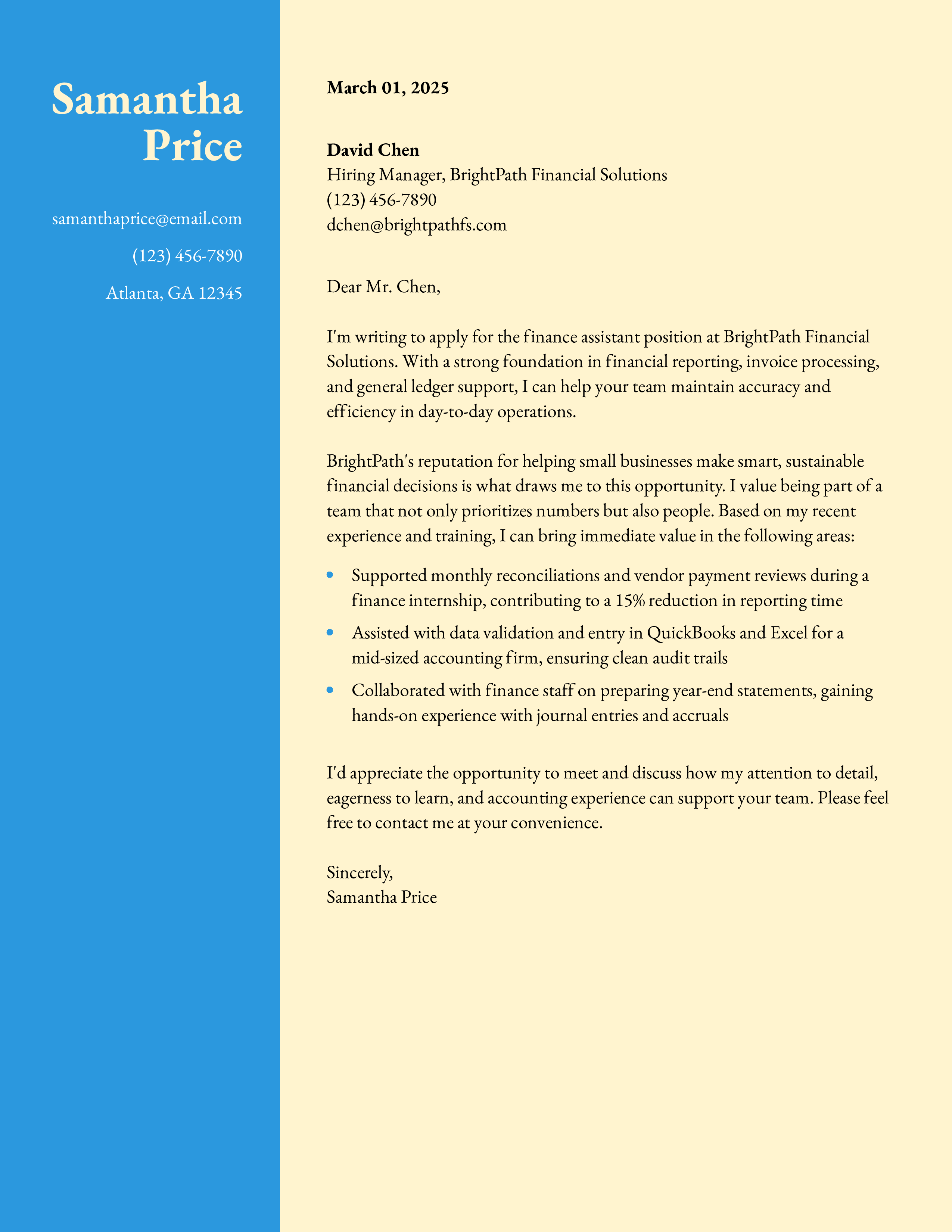 Finance Assistant Cover Letter