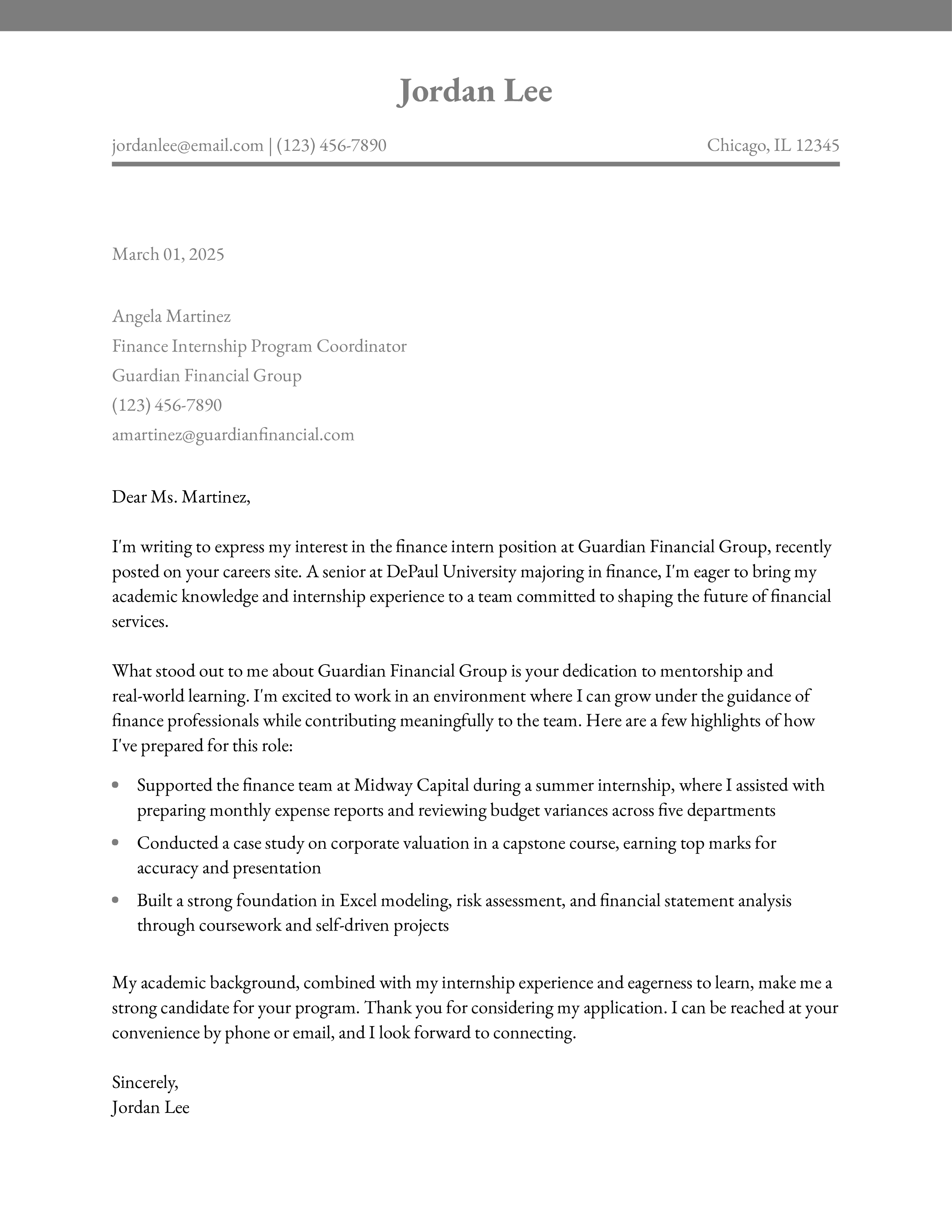 Finance Internship Cover Letter