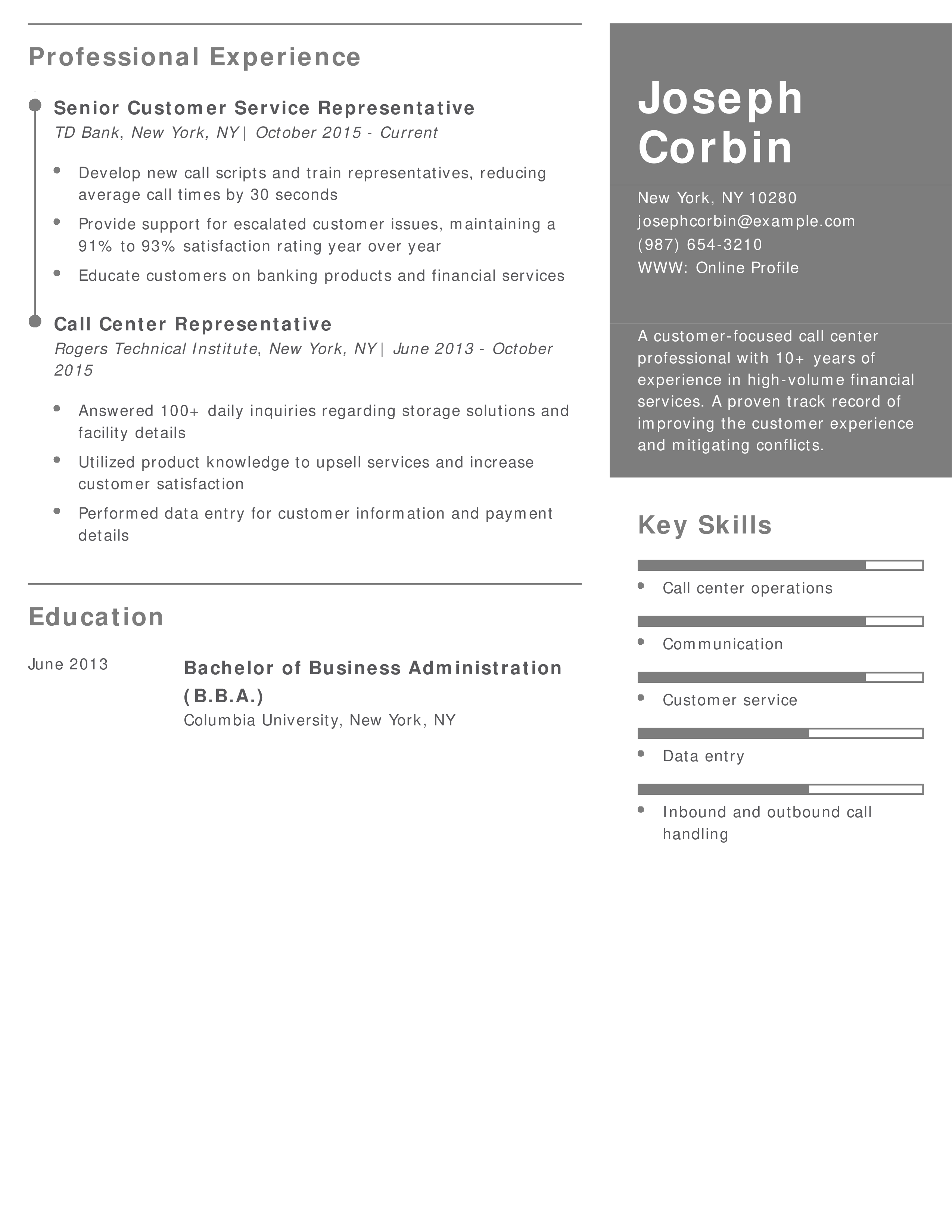 Financial Call Center Representative Resume