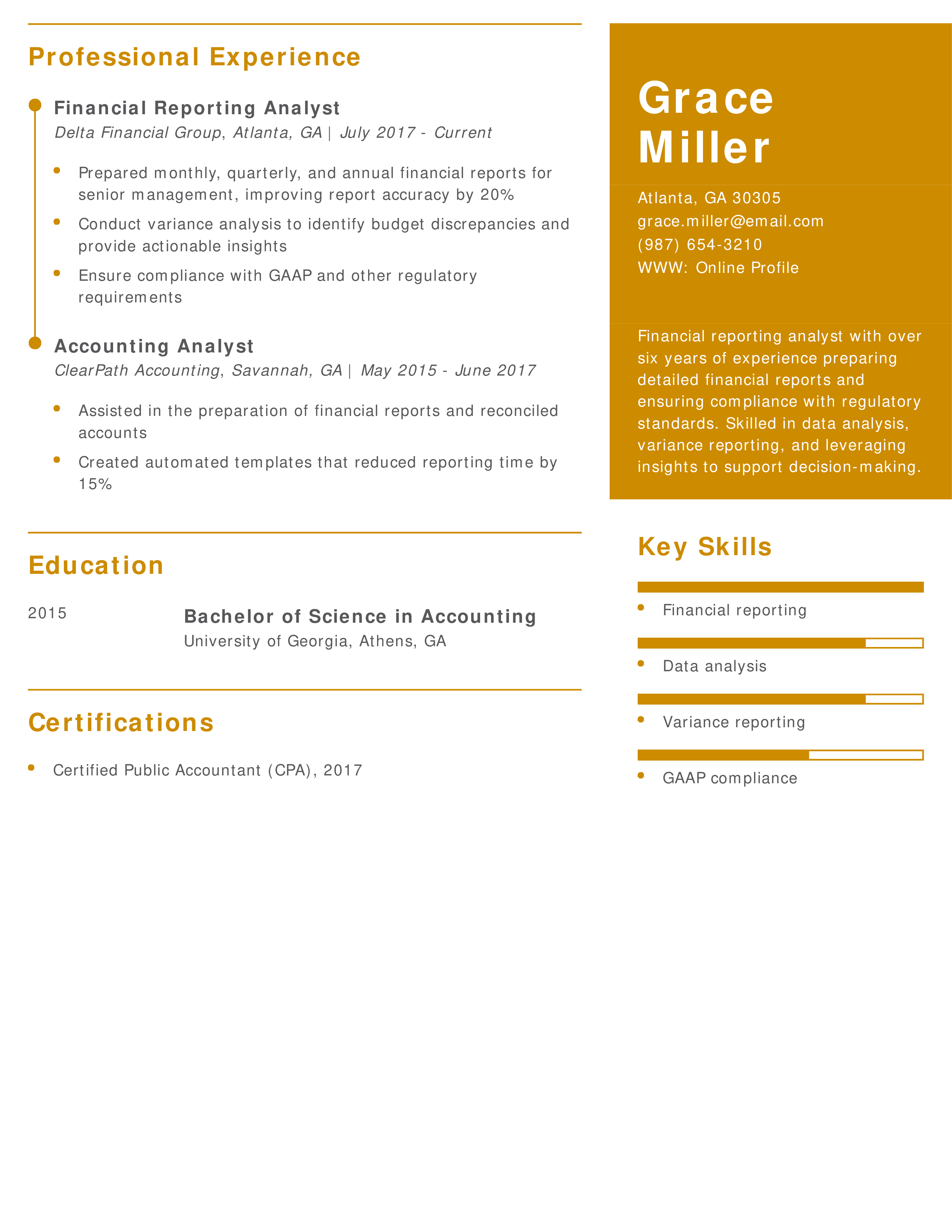 Financial Reporting Analyst Resume